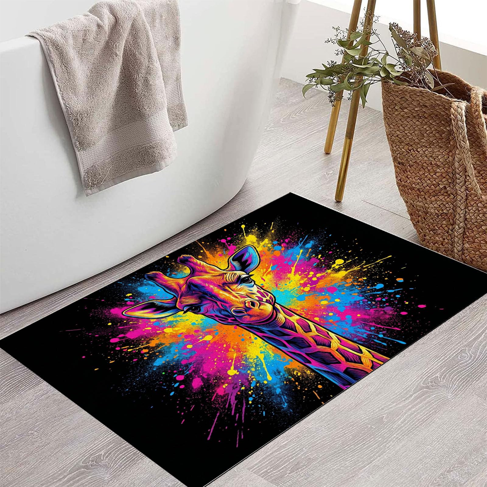 90X150Cm Zerbino Ingresso Interno Antiscivolo Assorbente, Tappeto Microfibra Sottile Lavabile Con Giraffa Con Schizzi D'Inchiostro Pop Art Animali Fantastici Per Cucina Bagno Porta Animali, Nero