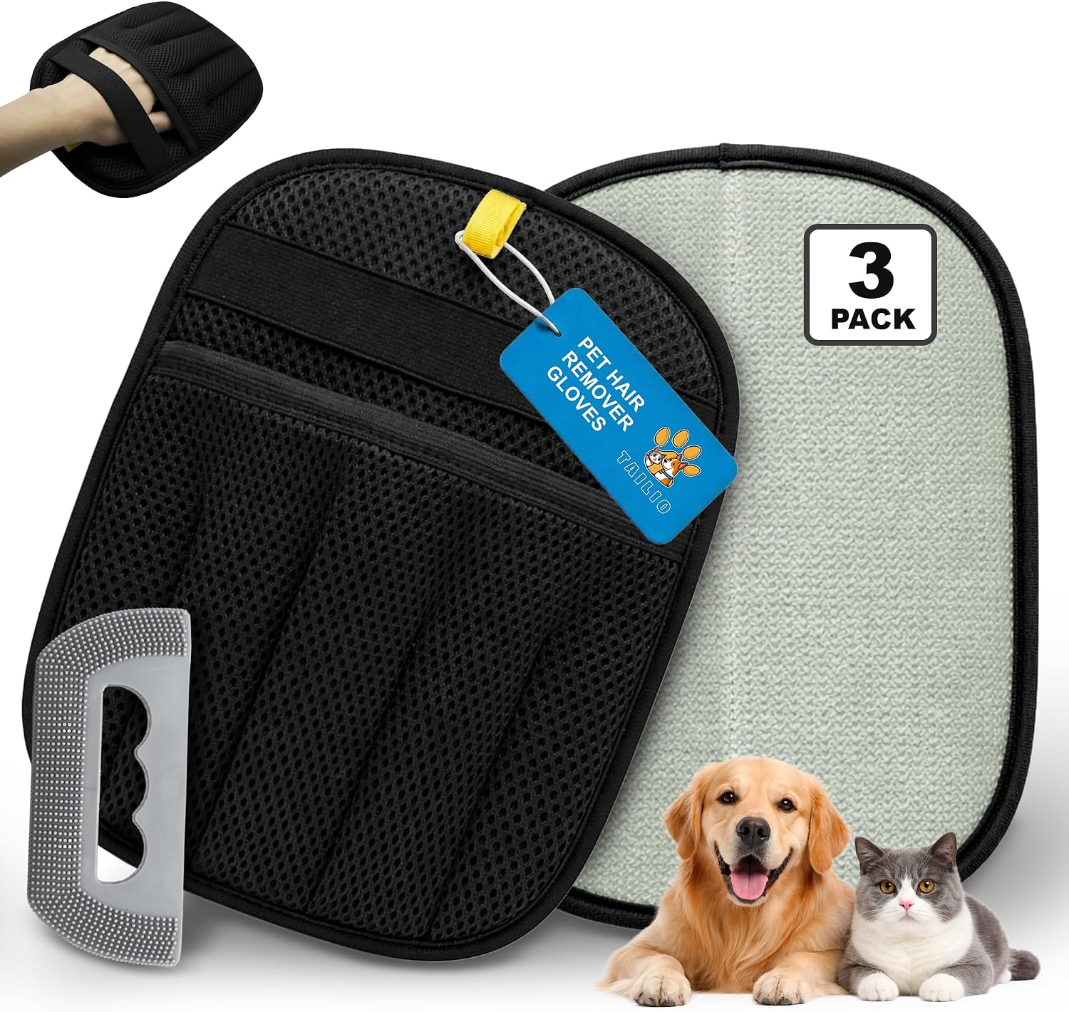 Pet Hair Removal Glove for Dogs & Cats, 2 Pack Electrostatic Pet Hair Glove with Scraper, Reusable Magic Brush Pet Hair Remover Tool for Couch, Carpet & Car Seats