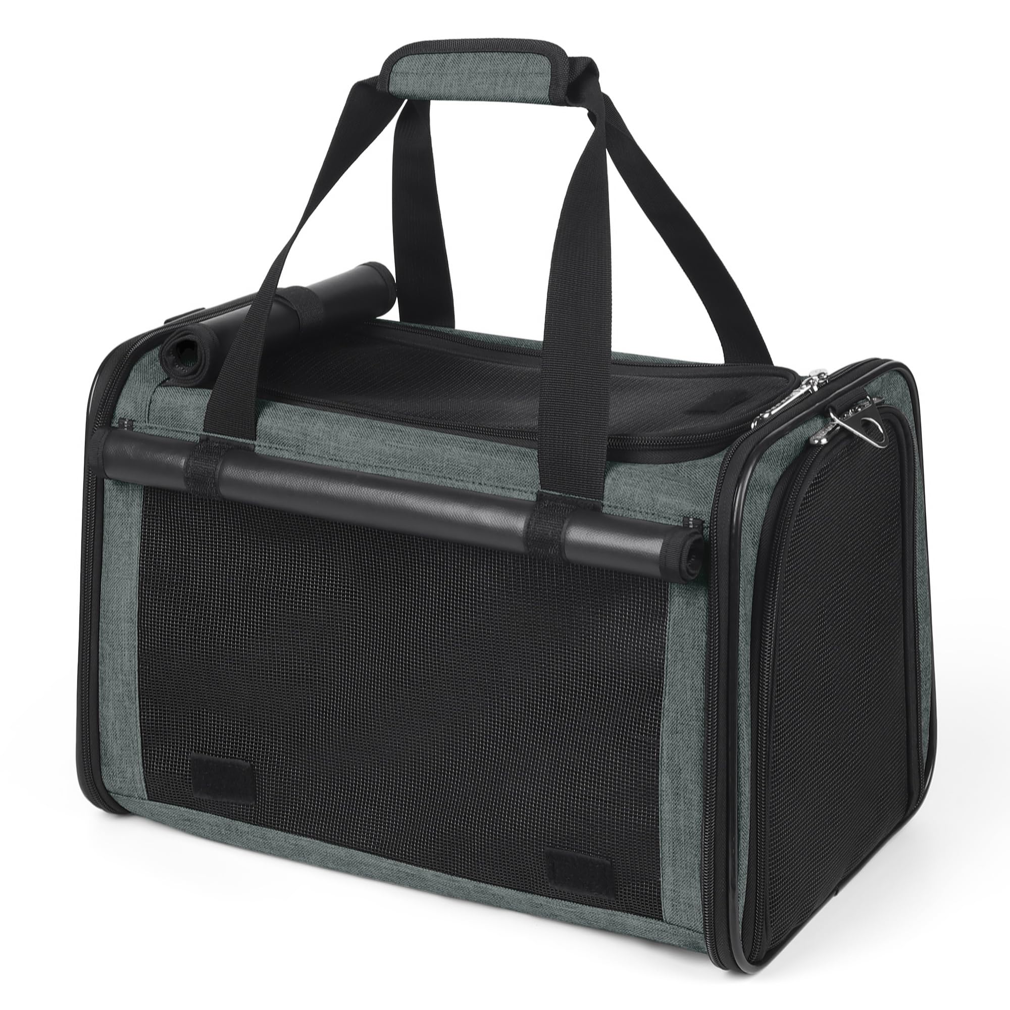 YUDODO 25 lbs Lightproof Soft Sided Pet Carrier for Large Cat & Small Dog Airline Approved Travel Puppy Carrier with Side Pockets & Reflective Mesh, Foldable Portable for Outdoor Car Grey Green