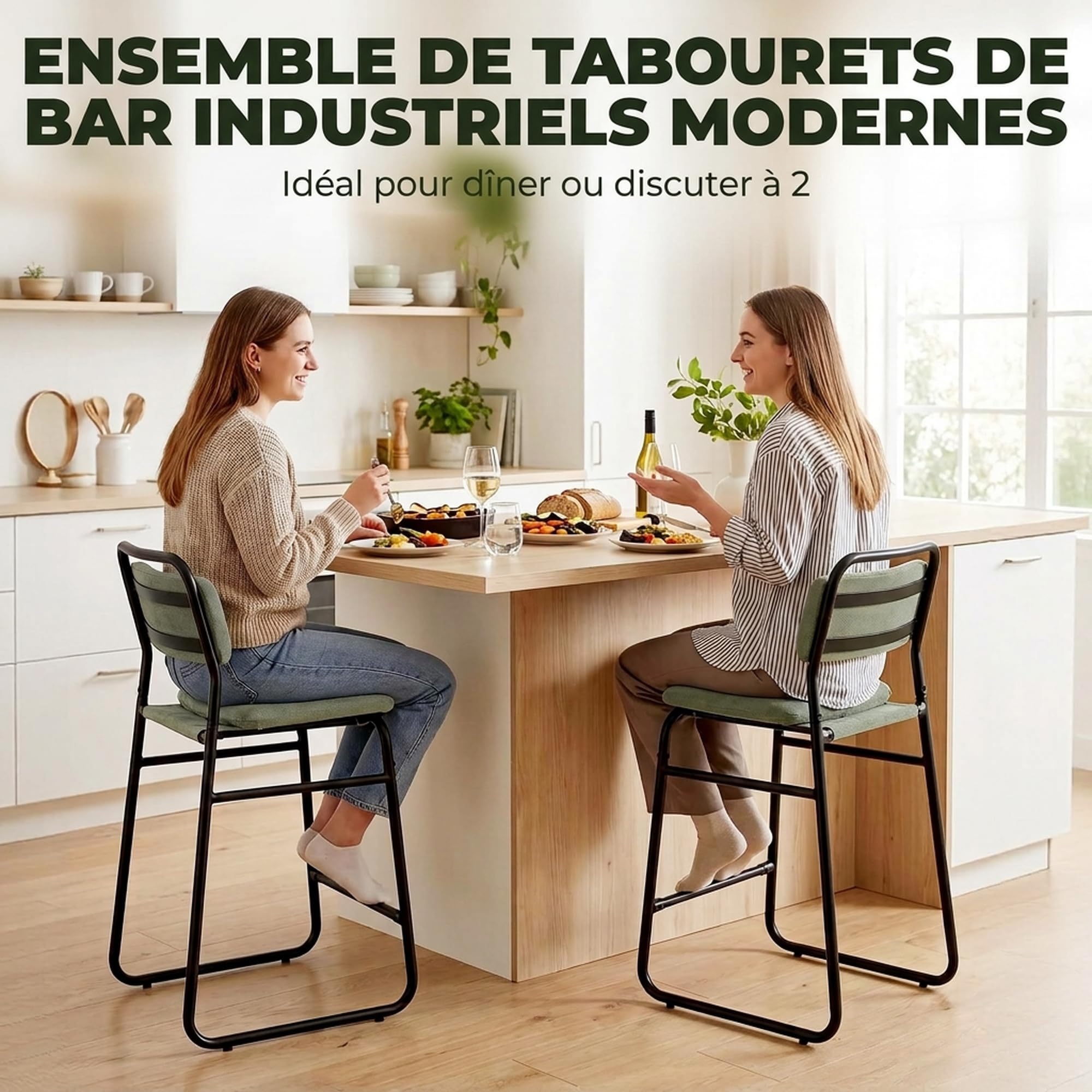 HOMCOM Lot de 2 Tabourets de Bar en Velours, Assise Rembourrée 67H cm, Vert