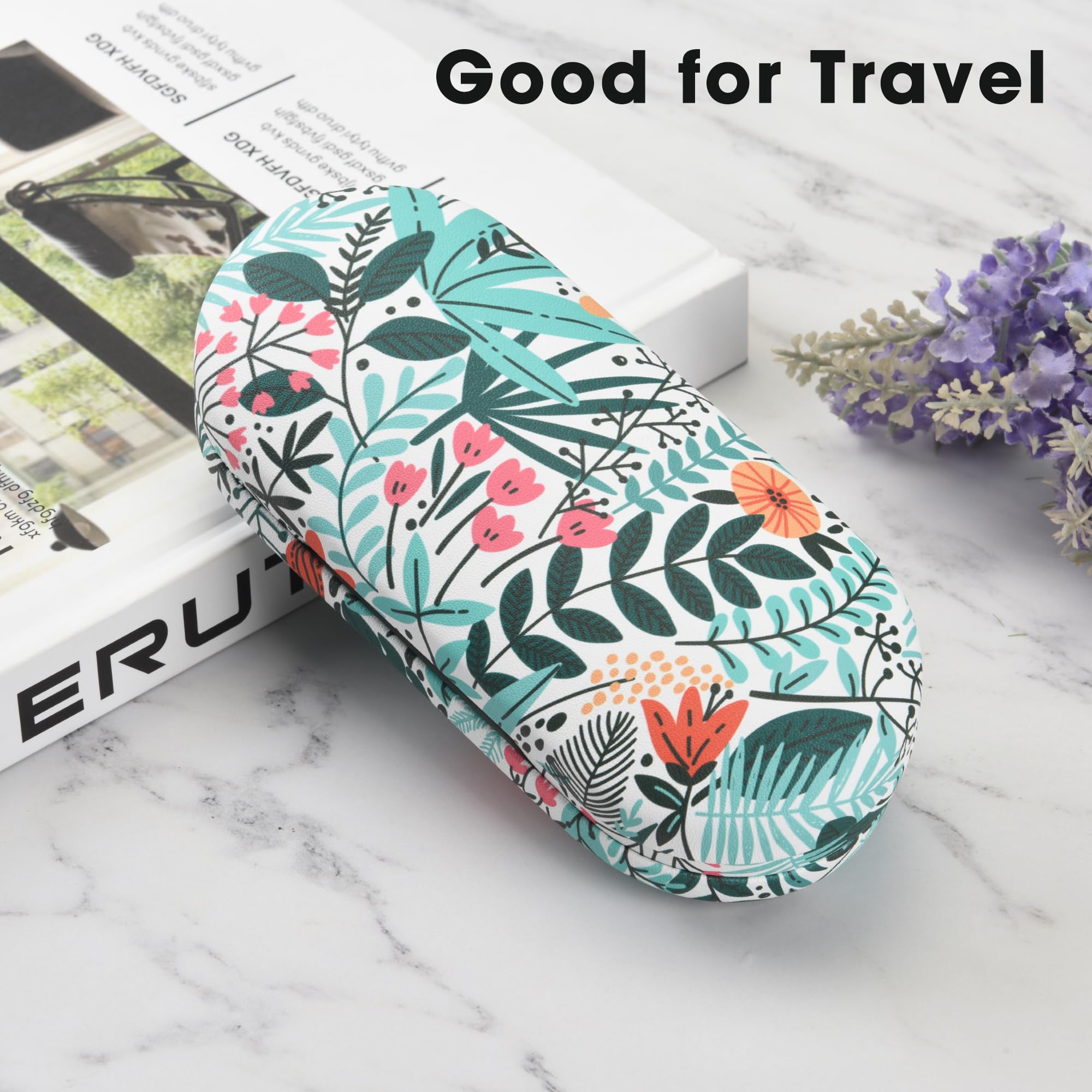 Brillen- und Kontaktlinsenetui 2-in-1 mit Kontaktlinsen-Reise-Set | Inklusive Lösungsflasche, Entfernungswerkzeug und Spiegel, doppelseitiges Design spart Platz, Hartschale mit PU-Leder, Blumen