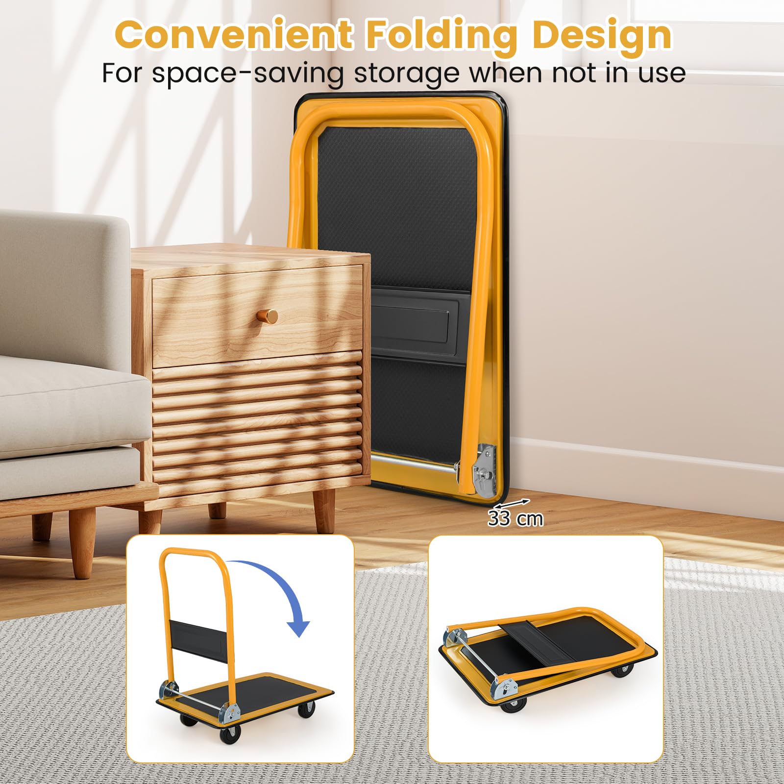 SOARS Carro de Plataforma, Carro Plegable con Rueda, Capacidad 150 KG, con Plataforma Antideslizante, 4 Ruedas, para Transporte, Manejo y Demenagement, 73 X 48 X 83 CM (Negro+Amarillo)