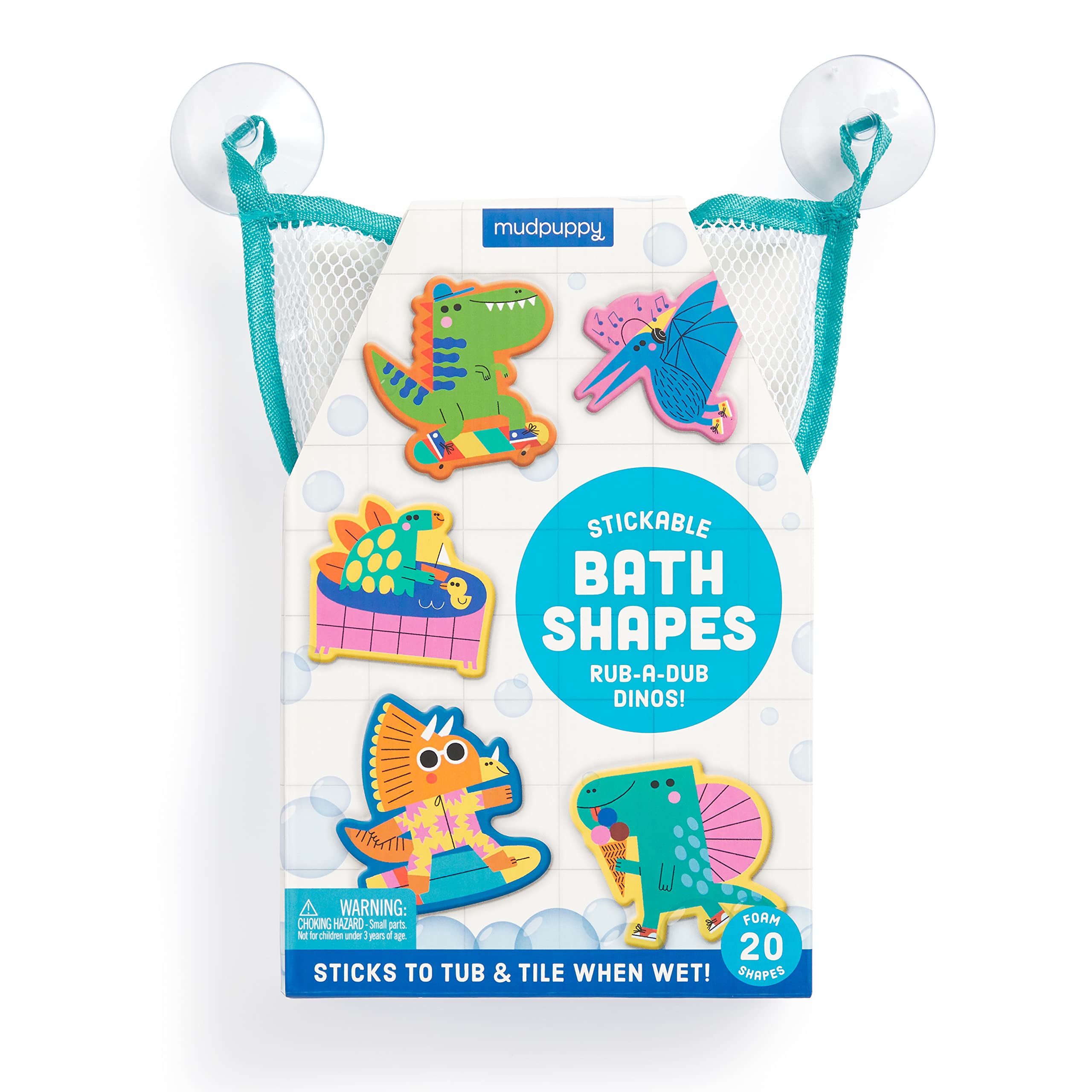 Mudpuppy Rub-a-Dub Dinos – 20 Stickable Dinosaur Themed Foam Shapes for Bath Time Entertainment with Mesh Storage Bag for Ages 2 and Up