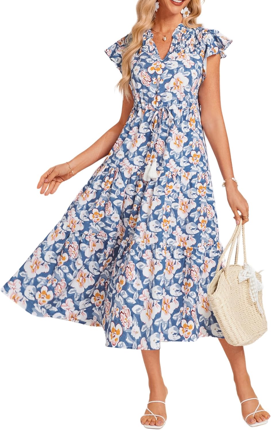 GRACE KARIN Womens Summer Floral Midi Dresses Short Sleeve Beach Wedding Guest Dress Drawstring Long Flowy Dress with Pockets