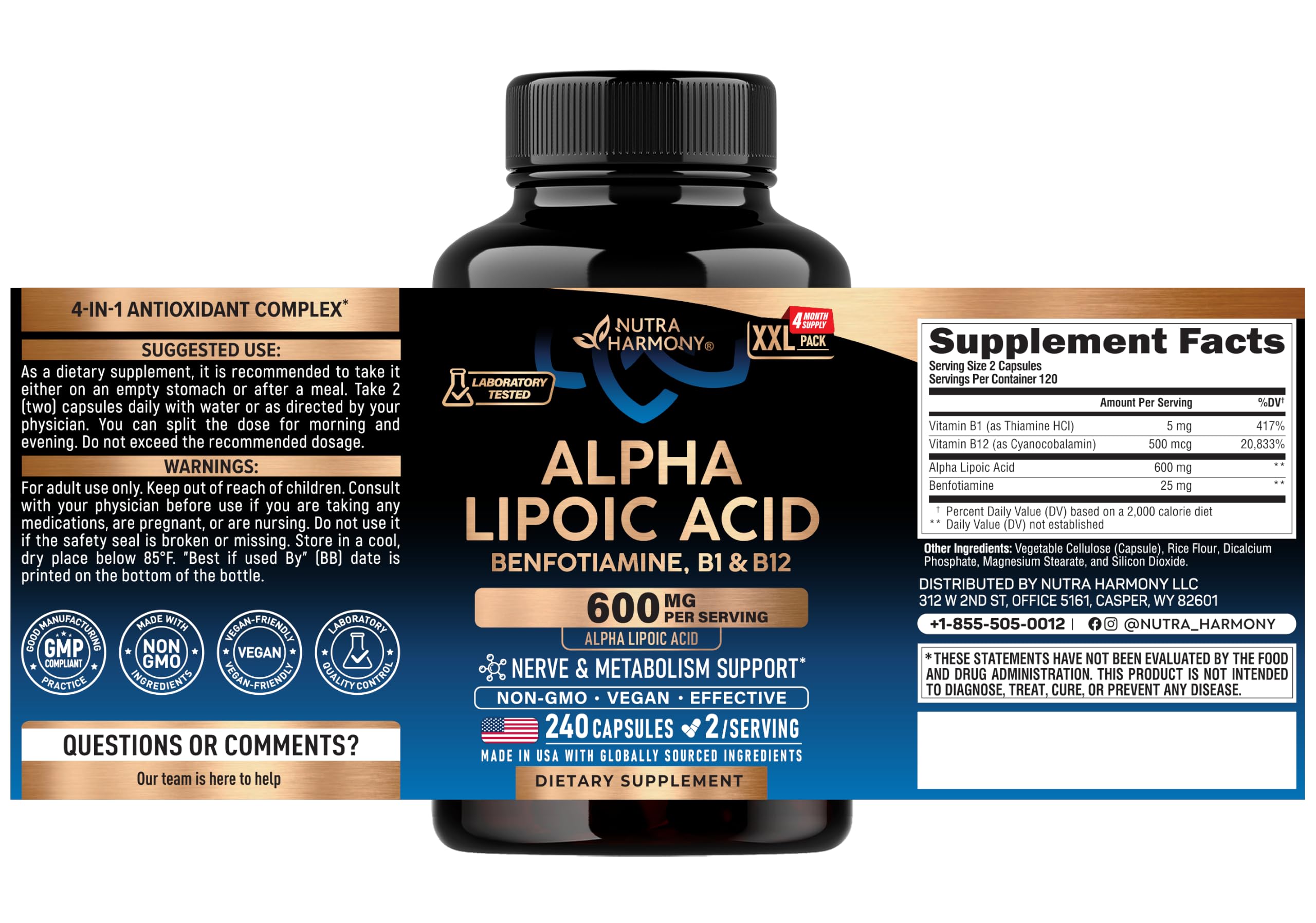 Alpha Lipoic Acid 600mg - ALA Supplement + Benfotiamine B1 & B12 - 240 Caps — Amazon image 2