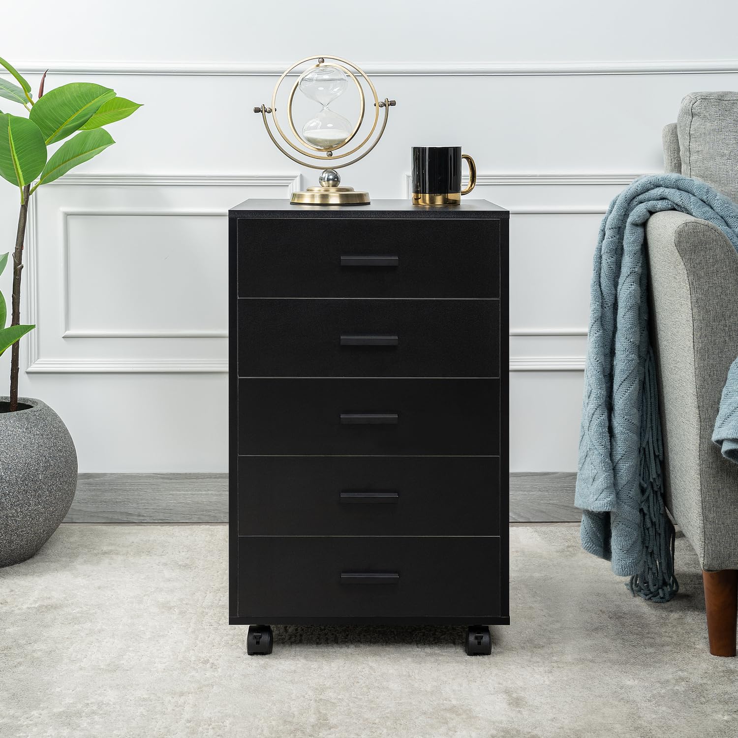 Naomi Home 5-Drawer Under Desk Rolling Storage Cart - Mobile Organizer with Lockable Casters, Black Engineered Wood for Office Dorm Apartment,