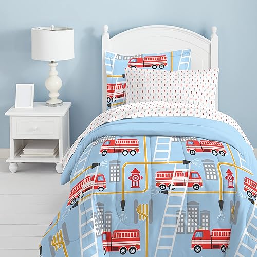 dream FACTORY Kids 5-Piece Complete Set Easy-Wash Super Soft Microfiber Comforter Bedding, Twin, Blue Fire Truck