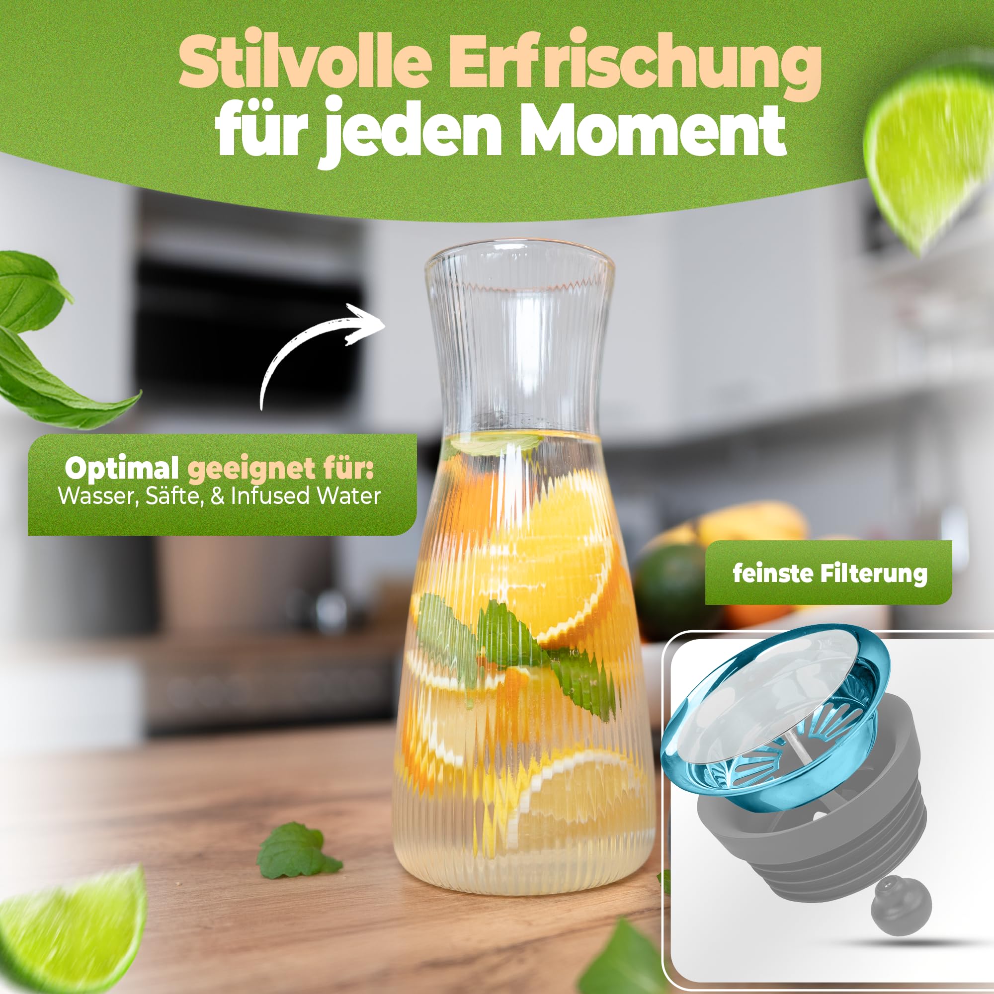 CLIDOR Wasserkaraffe mit Deckel - 1,5 L, edles Klarglas Design, Tropffreie Glaskaraffe mit Deckel, Eleganter Wasserkrug mit feiner Filterung, Ideal für Fruchtwasser, Säfte, Infused Water (1500ml)
