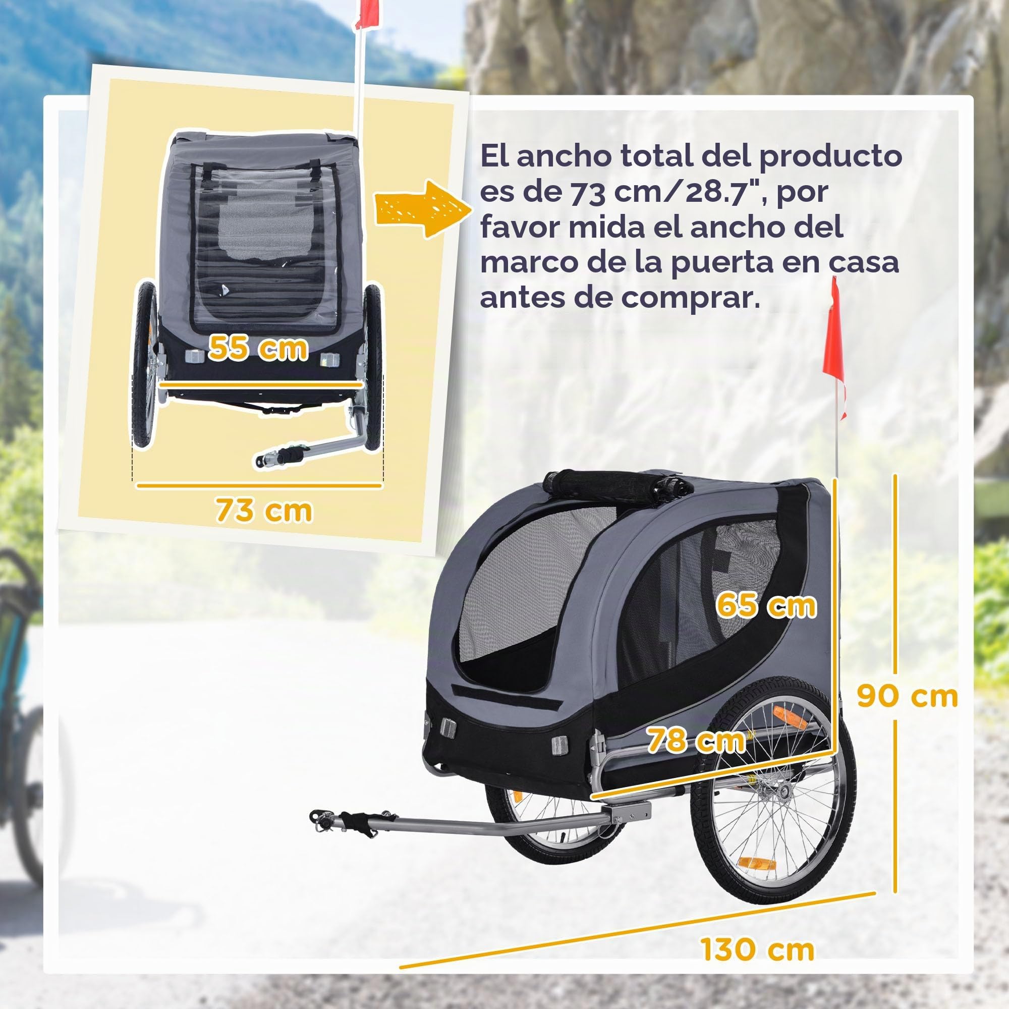 PawHut Remolque Mediano para Bicicleta de Perro con Ventanas Laterales y Bandera, Remolque para Bicicleta de Acero y Tela Oxford, 130x73x90 cm, Gris y Negro