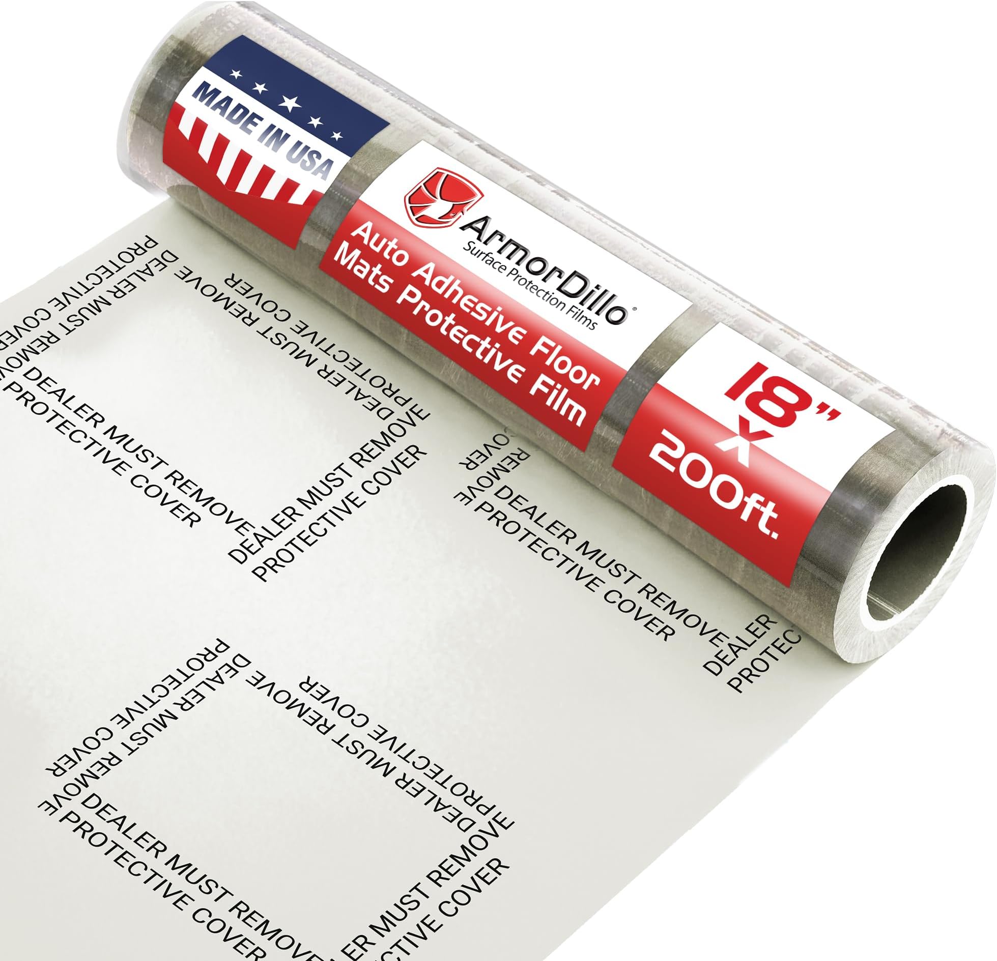 ArmorDillo Dealer Must Remove Floor Mats – 18" x 200' Clear Plastic Film | Automotive Carpet Protection Adhesive Roll for Car Detailing, Service Shops, and Disposable Floor Covers. One Roll -114 Mats