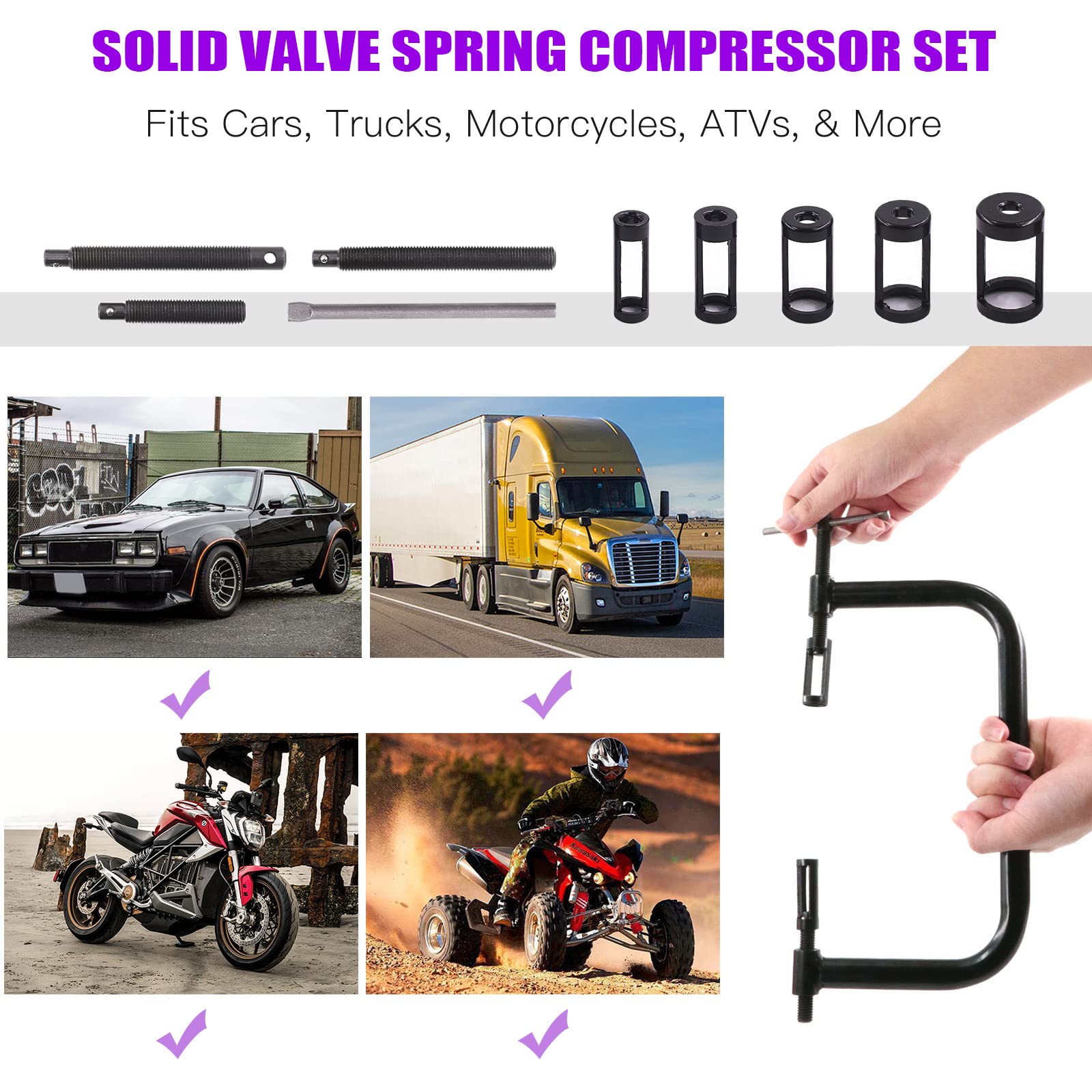 Swpeet Kit assortito di 13 attrezzi per compressore a molla per valvola, include 5 adattatori pusher, viti di estensione, set di valvole e barra di compressione per moto, auto e piccoli veicoli a