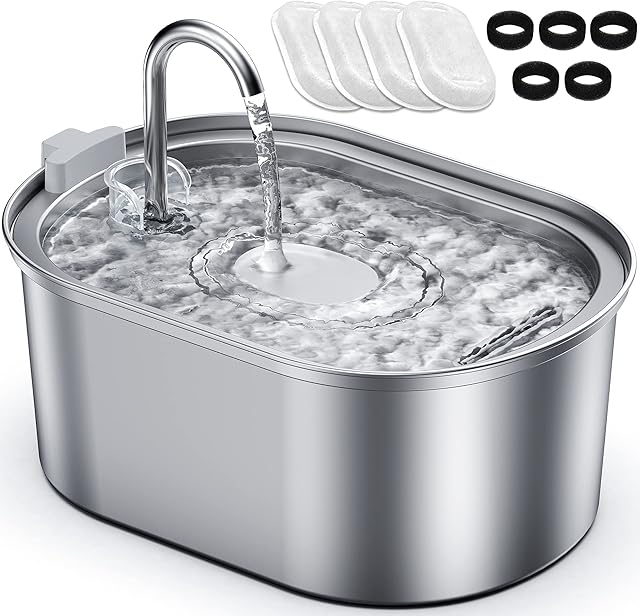 Petace Stainless Steel Cat Water Fountain, Pet Drinking Fountain with Quiet Pump, 3.2L Water Fountain Cat Bowl for Small Cats and Dogs, 4 Replacement Filters Included