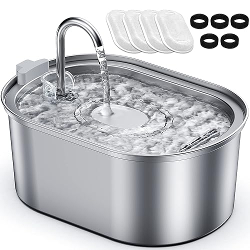Petace Fuente de agua para Gatos y Perros 3,2 L de Acero Inoxidable Mas 4 Filtros de Carbón Activado y 5 Esponjas - Bebedero Silencioso con Triple Filtración