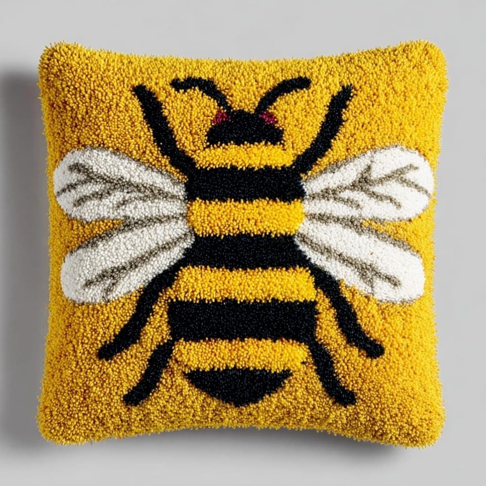 AxiangziK Latch Hook Cushion Kit 17x17in,Cartoon Bee DIY Pillow Kit for Adults Beginners,Pre-Printed Canvas & Pre-Cut Yarn,Handmade Craft Cushion Cover Set