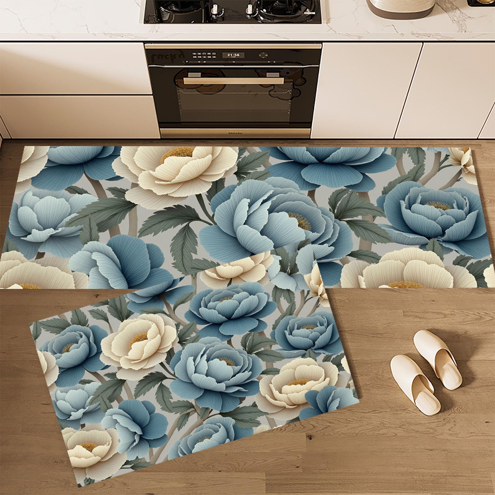 Alfombra de cocina lavable y mullida de dos piezas con estampado floral de flores