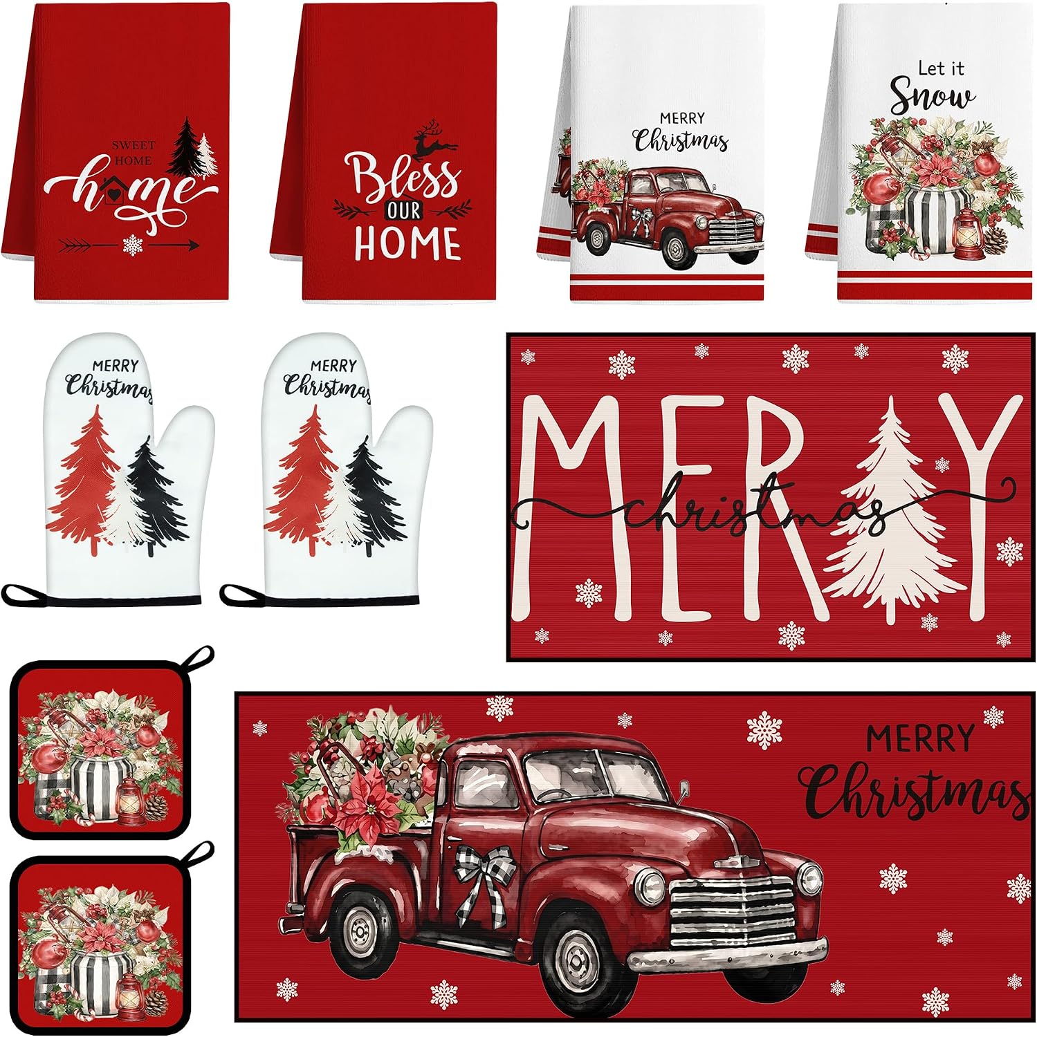 VETOXKA 10 Pcs Christmas Kitchen Decor Set, Snowman Oven Mitts and Christmas Tree Pot Holders Set Xmas Plaid Kitchen Towels Rugs and Mat Black Red Oven Gloves for Chef Cooking Grilling Women Gift