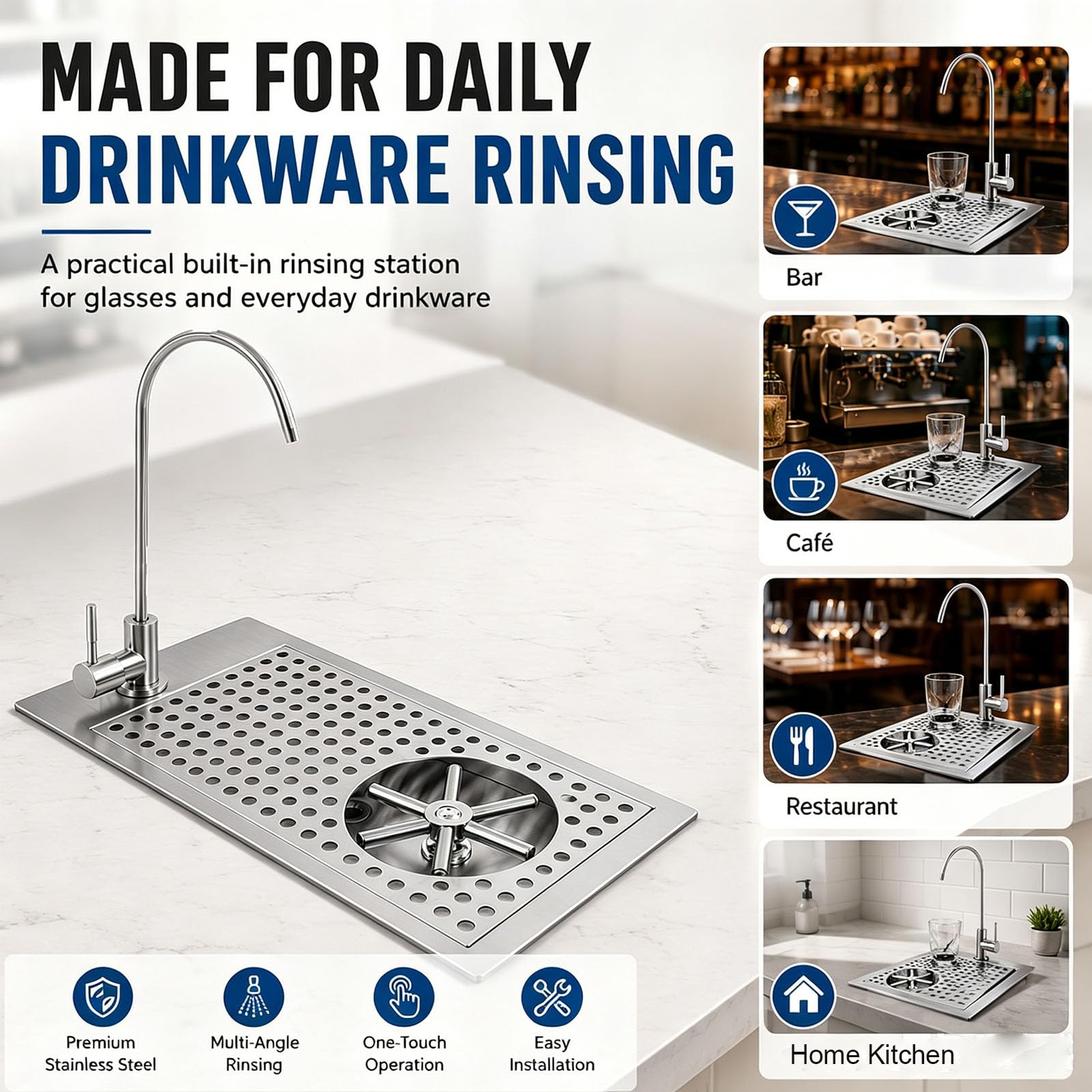 Rince-Verres Intégré avec Robinet, Lave-Tasses en Acier Inoxydable, Drainage Rapide, Ouverture De 37,5 X 17,5 Cm, Jet Multi-Angles, Idéal pour Restaurants, Cafés Et La Maison