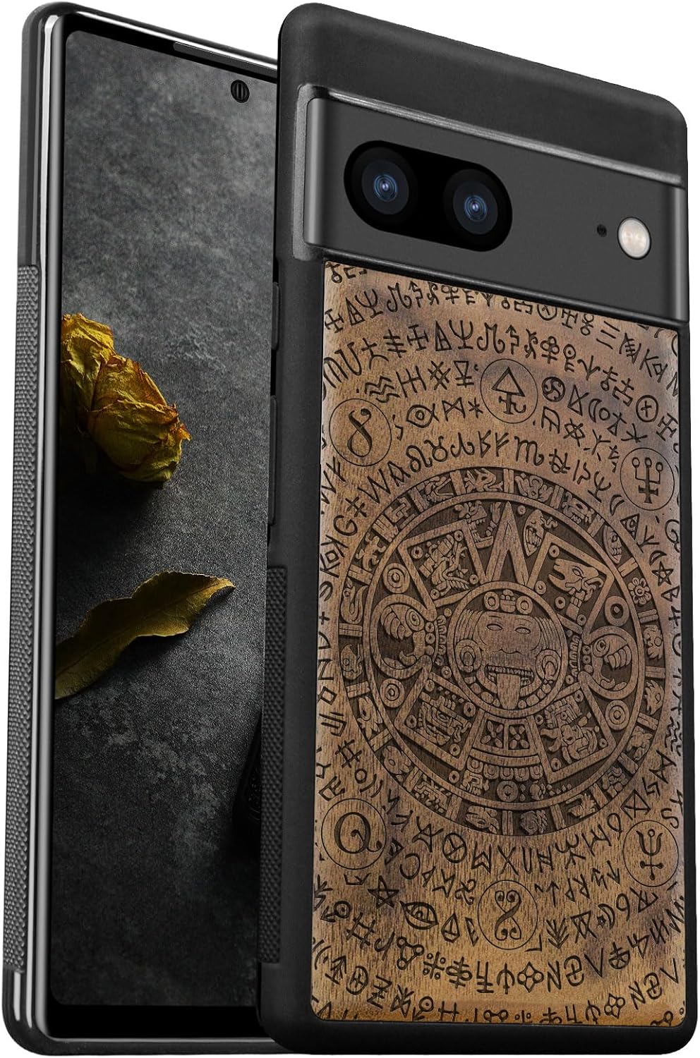 Carveit Wood Case for Pixel 7 Case [Natural Wood & Black Soft TPU] Shockproof Protective Unique & Classy Wooden Cover Compatible with Google Pixel 7 (Maya Totem-Rosy)