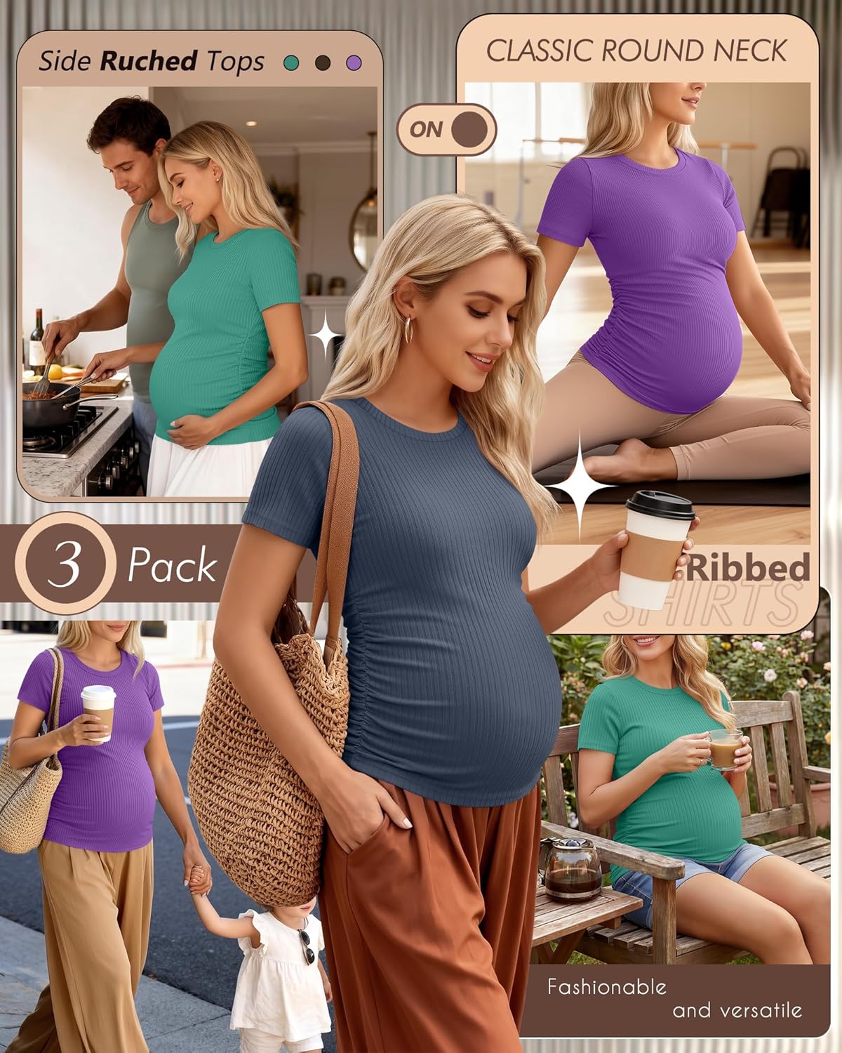 Ficerd 3 Pack Women's Maternity Shirts Cotton Short Sleeve Pregnancy Tops Side Ruched Ribbed Casual Mama tees Clothes - Image 2