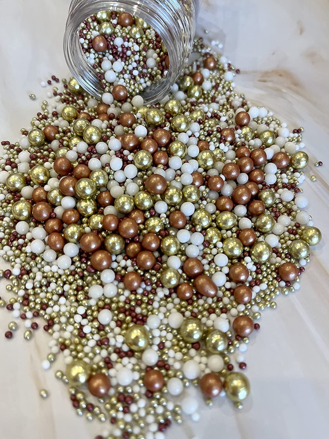 Metallic/Shimmer Balls Edible Cupcake Cake Topper Sprinkles (Copper, Gold & White) (35g)