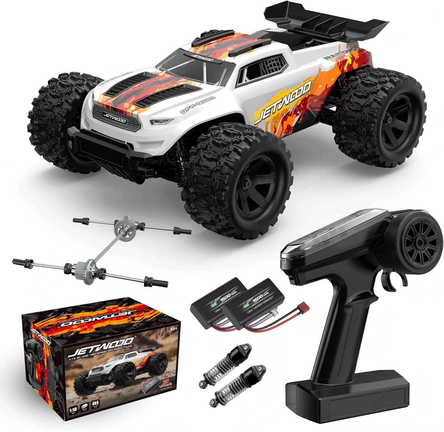 Jetwood 1:18 RC Car 36+ KPH, Fast Remote Control Monster Truck with 2 Batteries, 4WD Adult RC Truck Ready-to-Run for Beginners, All Terrain Off-Road RC Buggy, JC18W