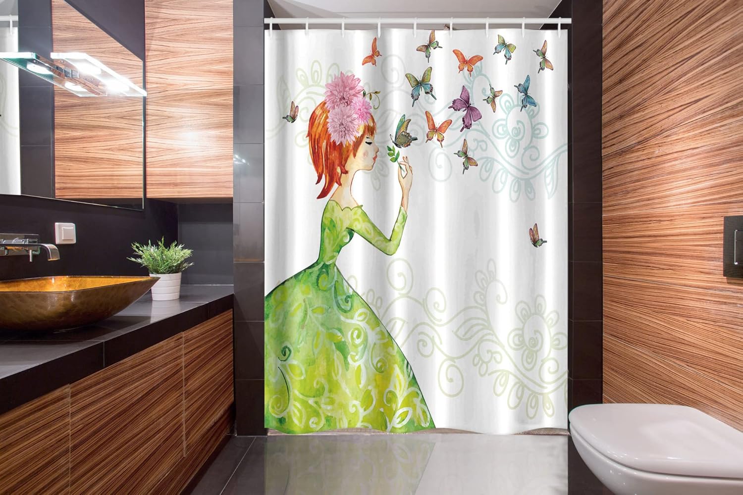 Ambesonne Butterfly Stall Shower Curtain, Floral Lady in Green Dress Leaf Ornaments Flower Pastel Winged Bug, Fabric Bathroom Decor Set with Hooks, 54" W x 78" L, Pink Orange Green
