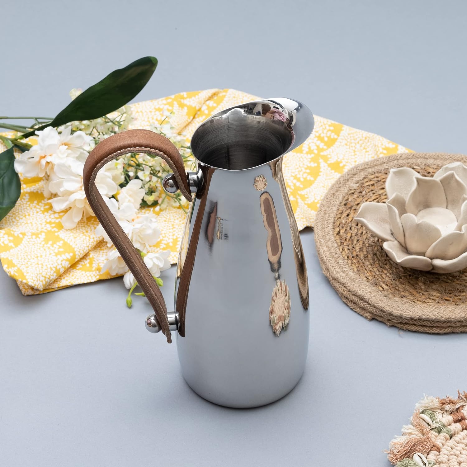 Stainless Steel Silver Water Pitcher Carafe with Leather Handle 10"H by Gute - Elegant Mirror Finish Bell Shaped Jug, For Hot/Cold Water, Iced Tea, Coffee, Sangria, Lemonade, and Flowers 42oz Capacity - Image 9