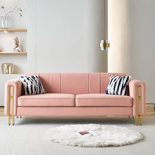 Miniatura 3 de Yoglad Mueble de tela contemporánea de 3 plazas, sofá de terciopelo con rayas profundas, sofá tapizado con brazos cuadrados y patas de metal para