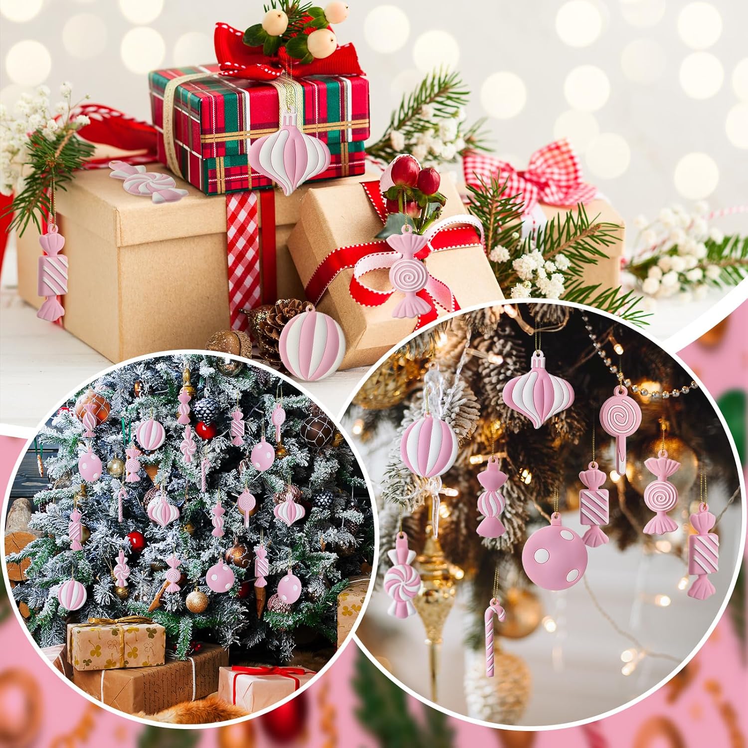 Panelee 20 Pcs Christmas Candy Tree Ornaments PVC Christmas Candy Cane Lollipop Ornament Xmas Hanging Decors Birthday Party Decoration Crafts for Holiday Xmas Tree Party (Pink and White) - Image 7