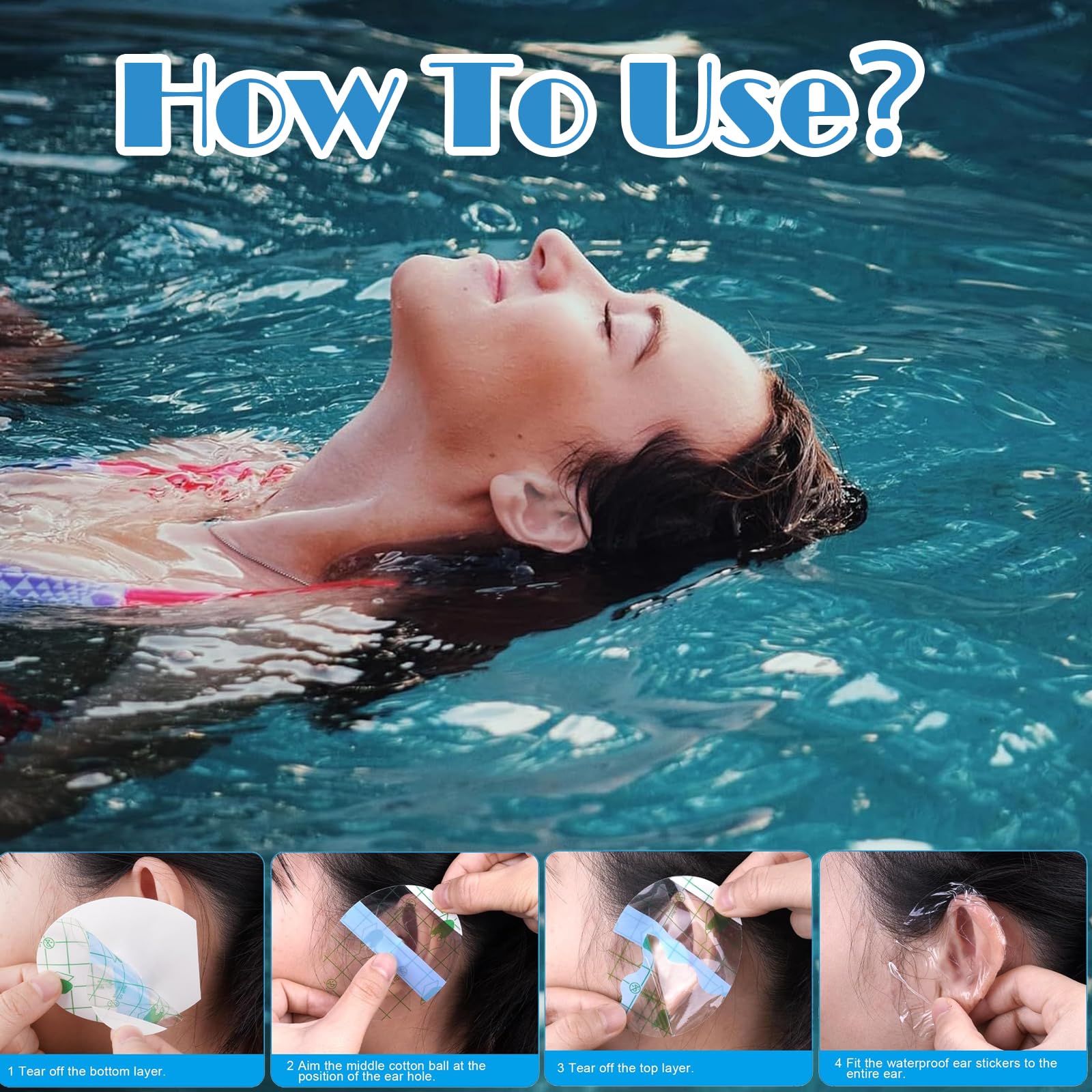 Confezione da 60 copriorecchie per doccia e nuoto, toppe adesive trasparenti impermeabili 5,5 x 8 cm, design senza cotone, adatti per adulti, ideali per surf, immersioni e tutte le attività acquatiche