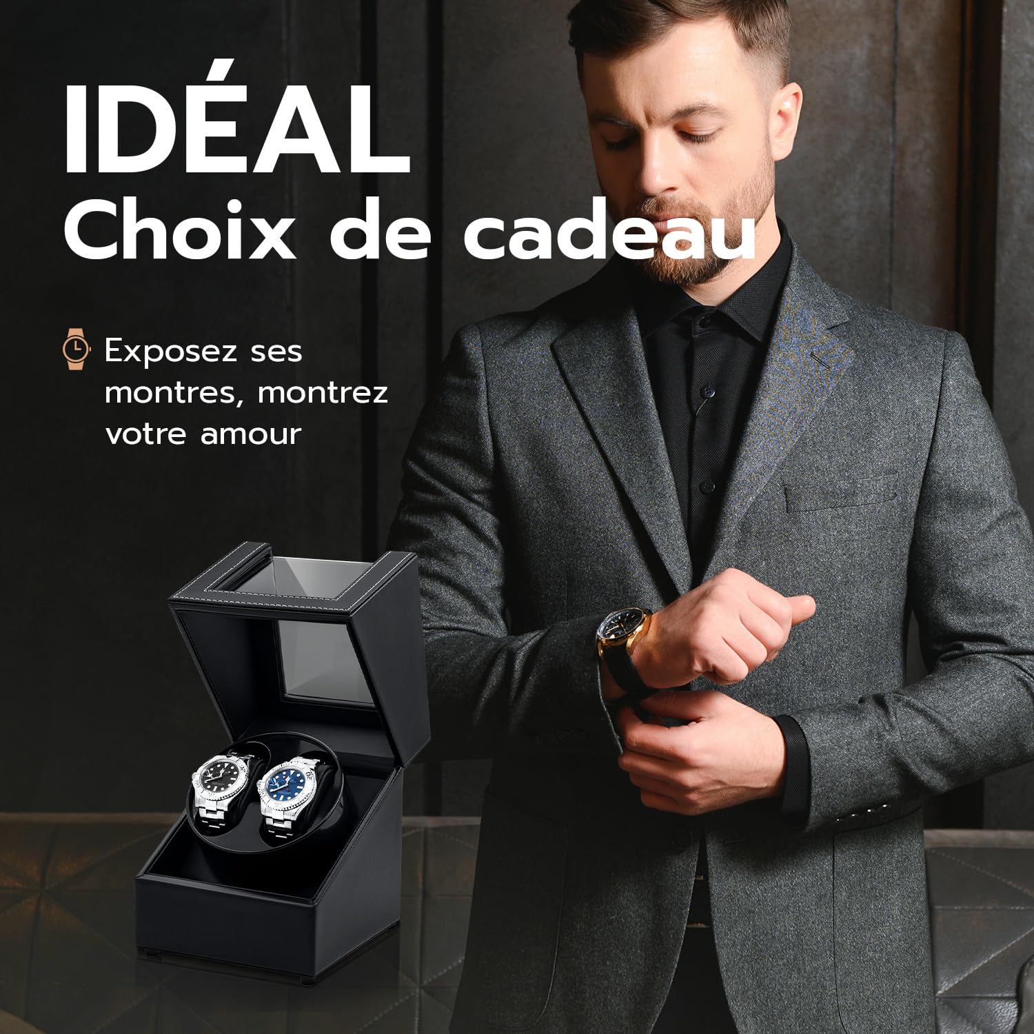 Boîtes de Remontoir de Montre pour 2 Montres Automatiques, Boîte de Remontoir de Montre Automatique, Vitrine en Cuir Acrylique, Rotation Silencieuse