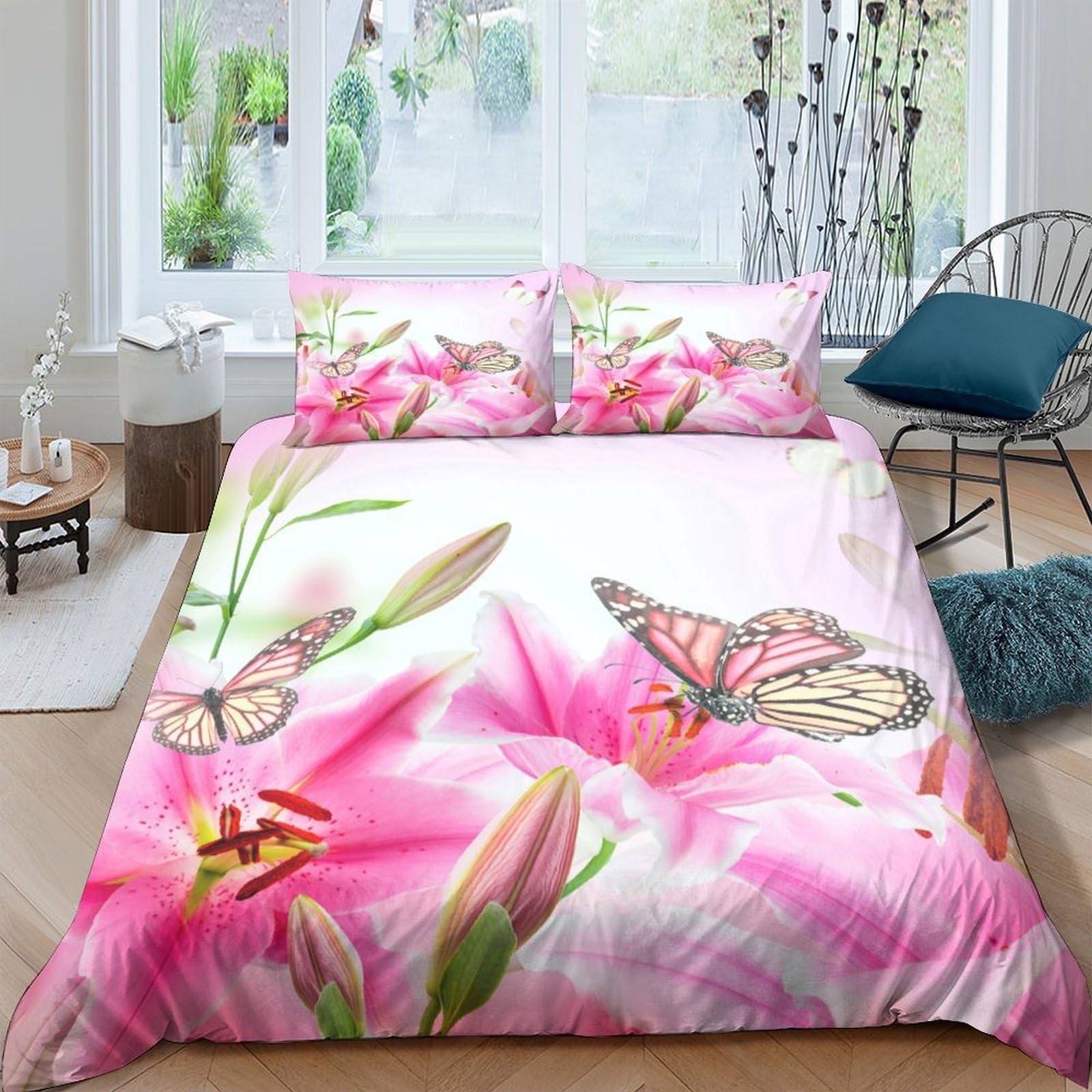 GPLZQXKJNH 3D Printed Pink Lily Butterfly Duvet Cover Microfiber Soft Breathable Quilt Cover Set with 2 Pillowcases for Bedroom Decor Single（135x200cm）