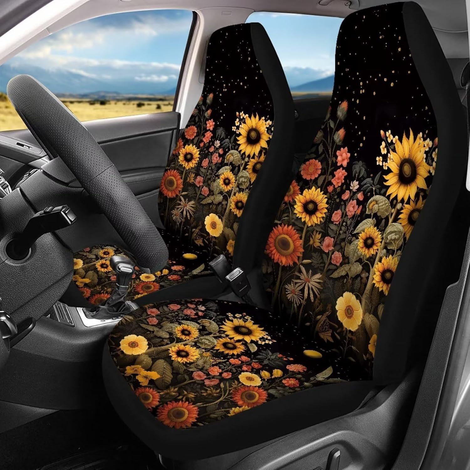 Flowers Moon Car Seat Covers Full Set 4pcs Car Seat Cover for Auto Interior Seat Protection Fit Most Vehicle Travel Essentials