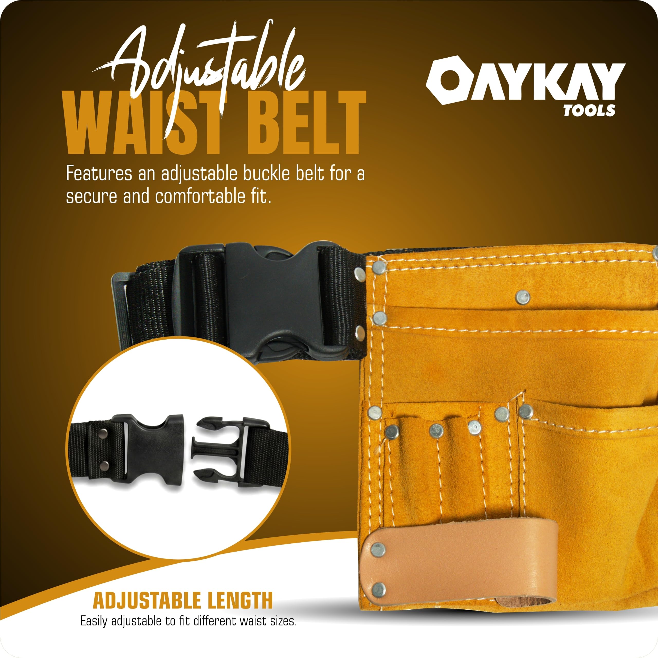 Oaykay Tools 5 Pocket Yellow Leather Tool Belt with Hammer Holder and Quick Release Buckle (Size 8.5 * 8 Inch) 2