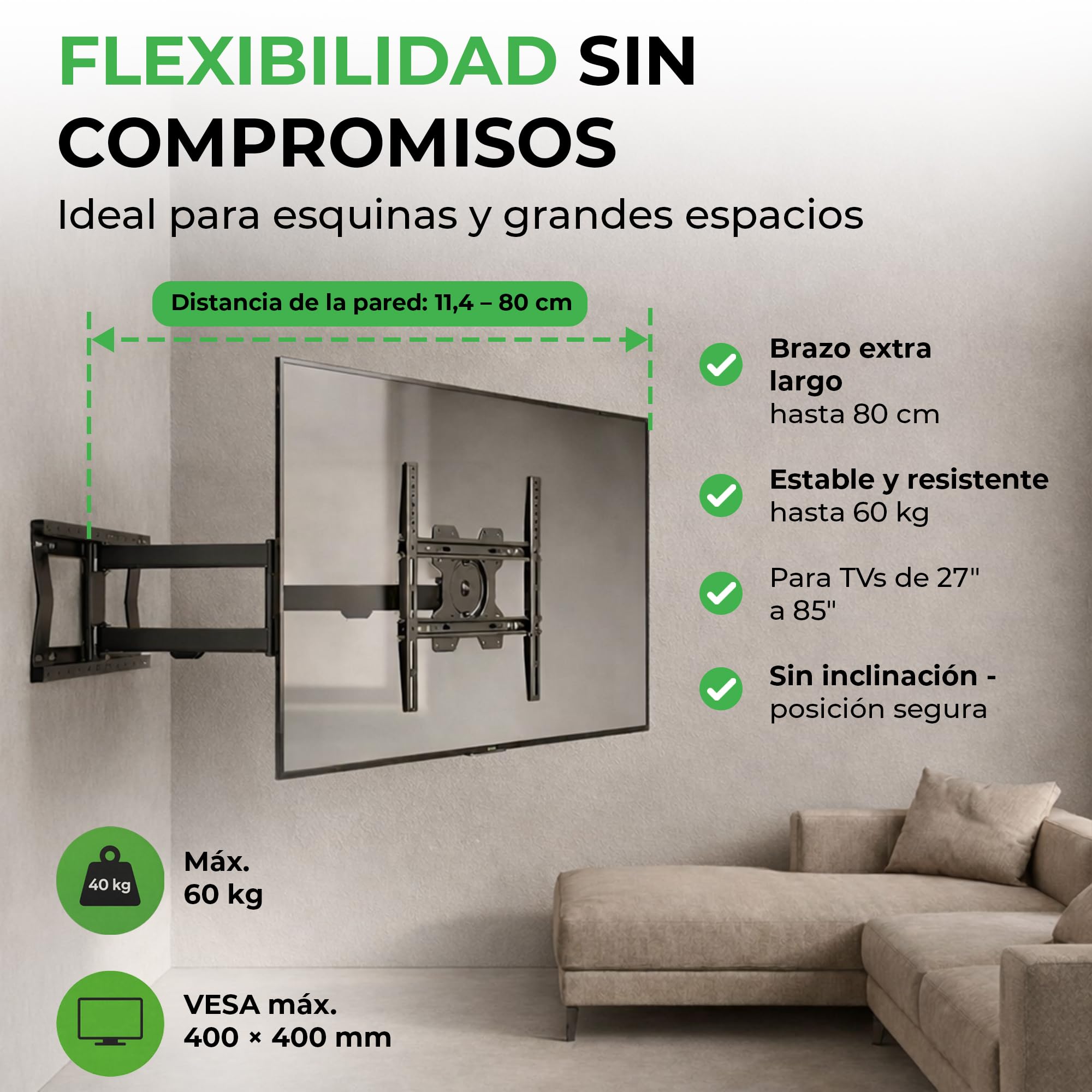TiTon Flex 80 cm, Soporte de Pared para TV, Girar, Inclinar, TV hasta 60kg, VESA máx.400x400