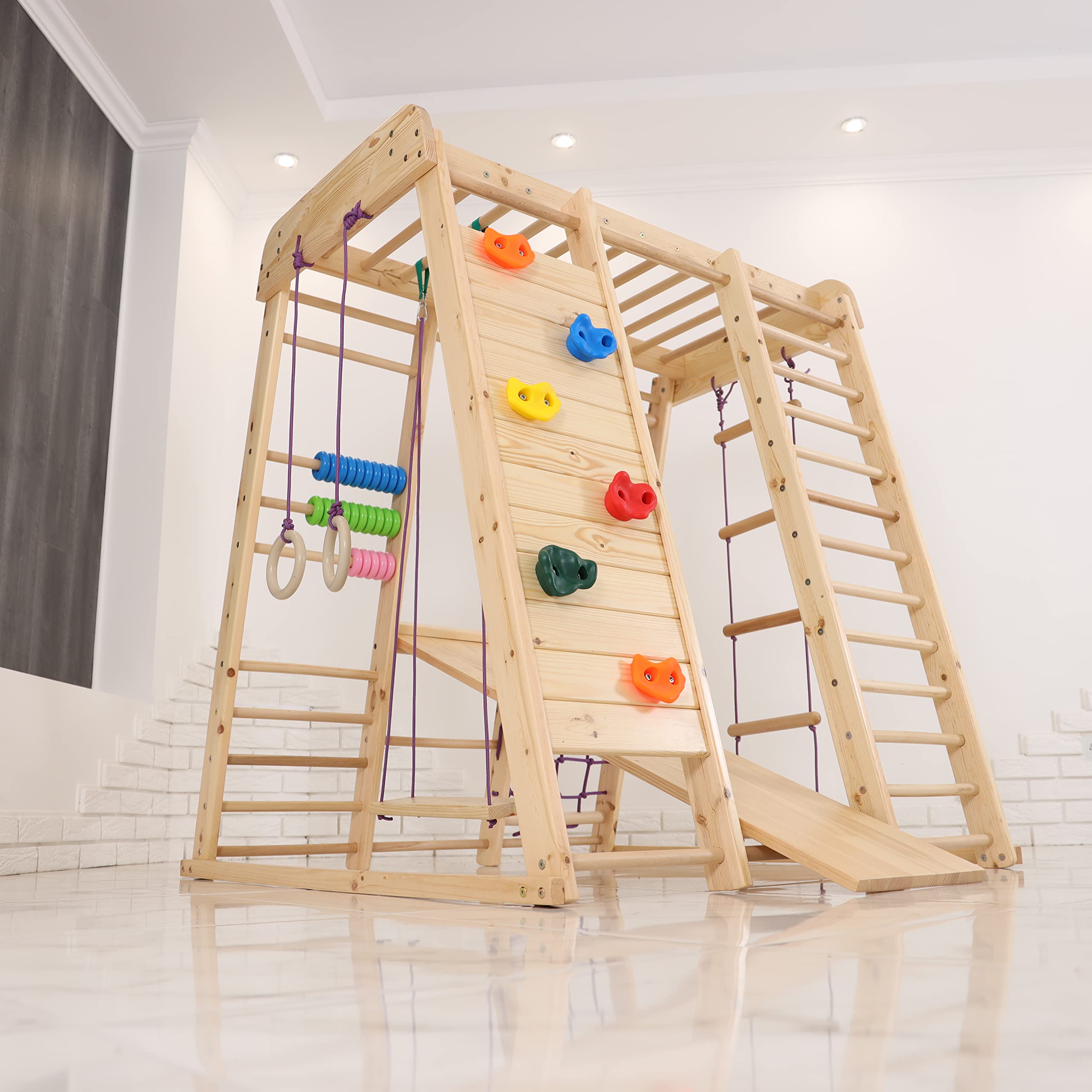 Playground with Slide. Also for Outdoor Use Babystar PP Children at Home Wooden Climbing Net Rings Climbing Wall (Natural Colour)