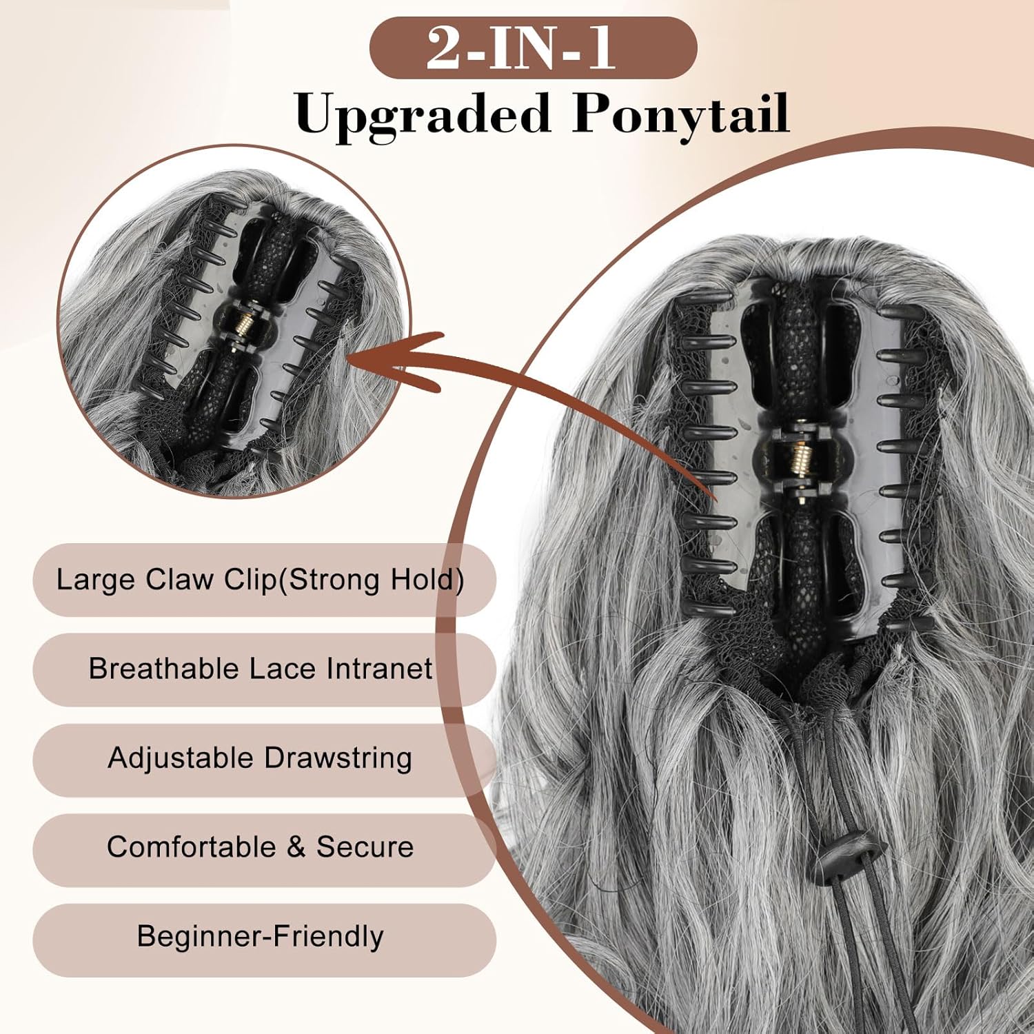 AISI BEAUTY Grey Ponytail Extension,Claw Clip Ponytail Hair Extensions for Women, 20 Inch Long Thick Wavy Clip in Fake Pony Tails Hair Soft Synthetic Hairpiece(Mix Grey with White Ends)