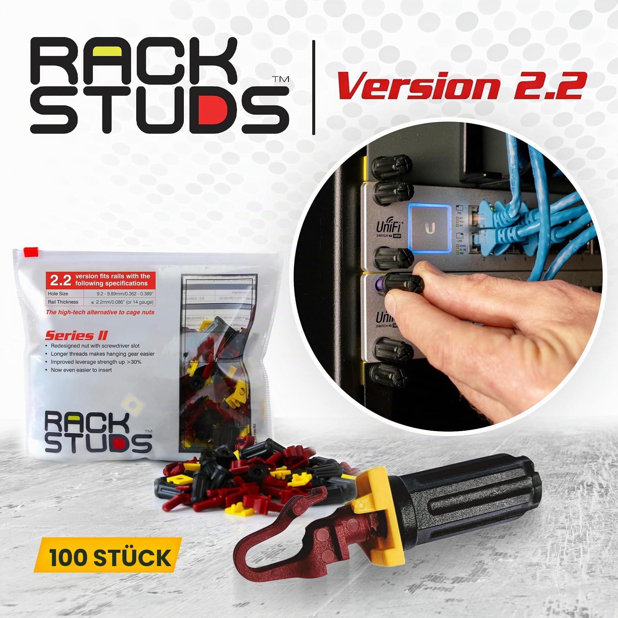 Rackstuds R100 Serie II Rackmontageschrauben – Server-Rack-Schrauben und Käfigmuttern-Ersatz für 19" Server-Rackschienen mit quadratischen Löchern – ohne-Werkzeug – Rot 2,22 mm / 0,086 – 100 Stück