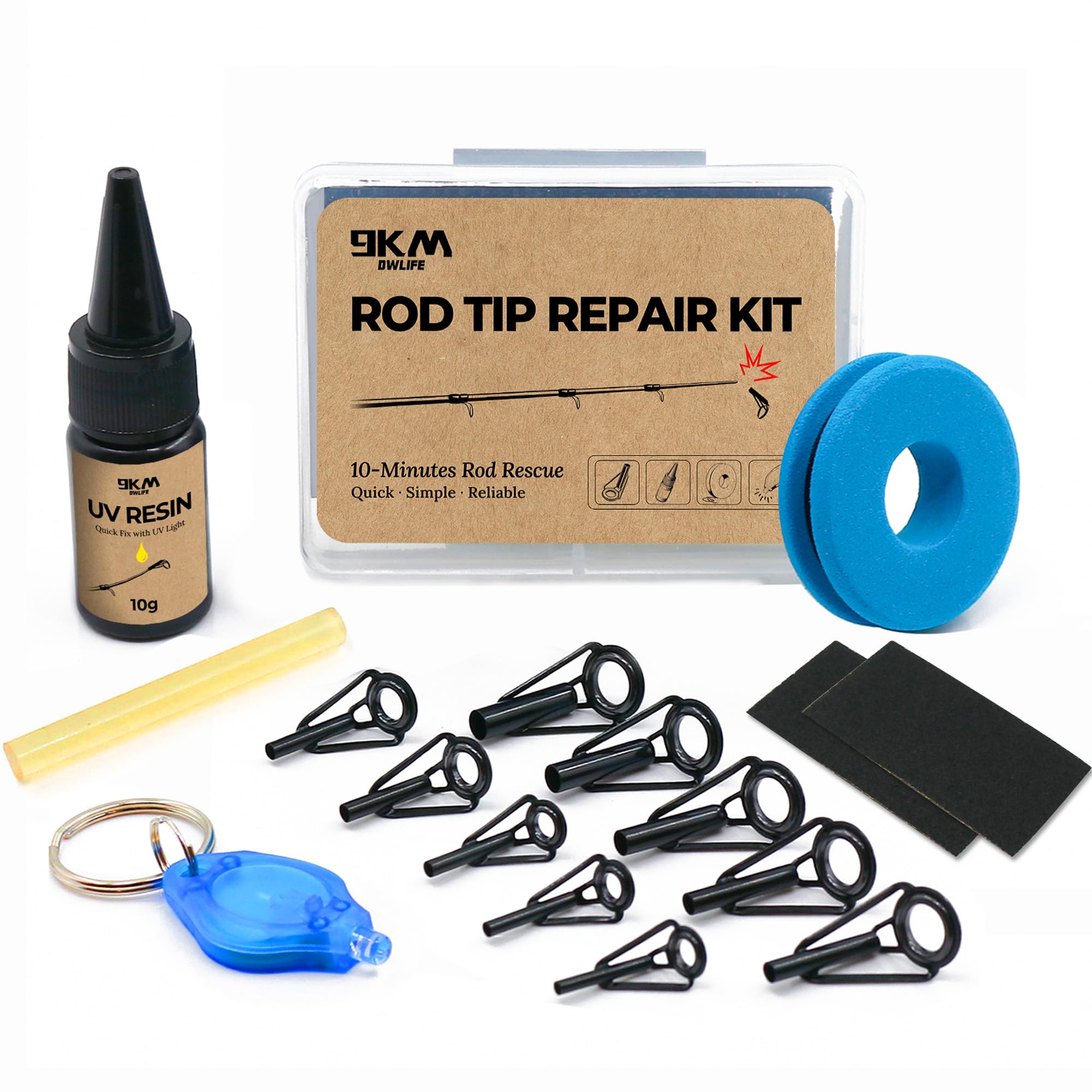 9KM DWLIFE Fishing Rod Tip Repair Kit with Glue, Black Stainless Steel, Fishing Rod Epoxy Wear Resistant Ceramic Ring, Fishing Pole Tip Replacement (10Pcs-Black（UV-Set）) : Sports & Outdoors