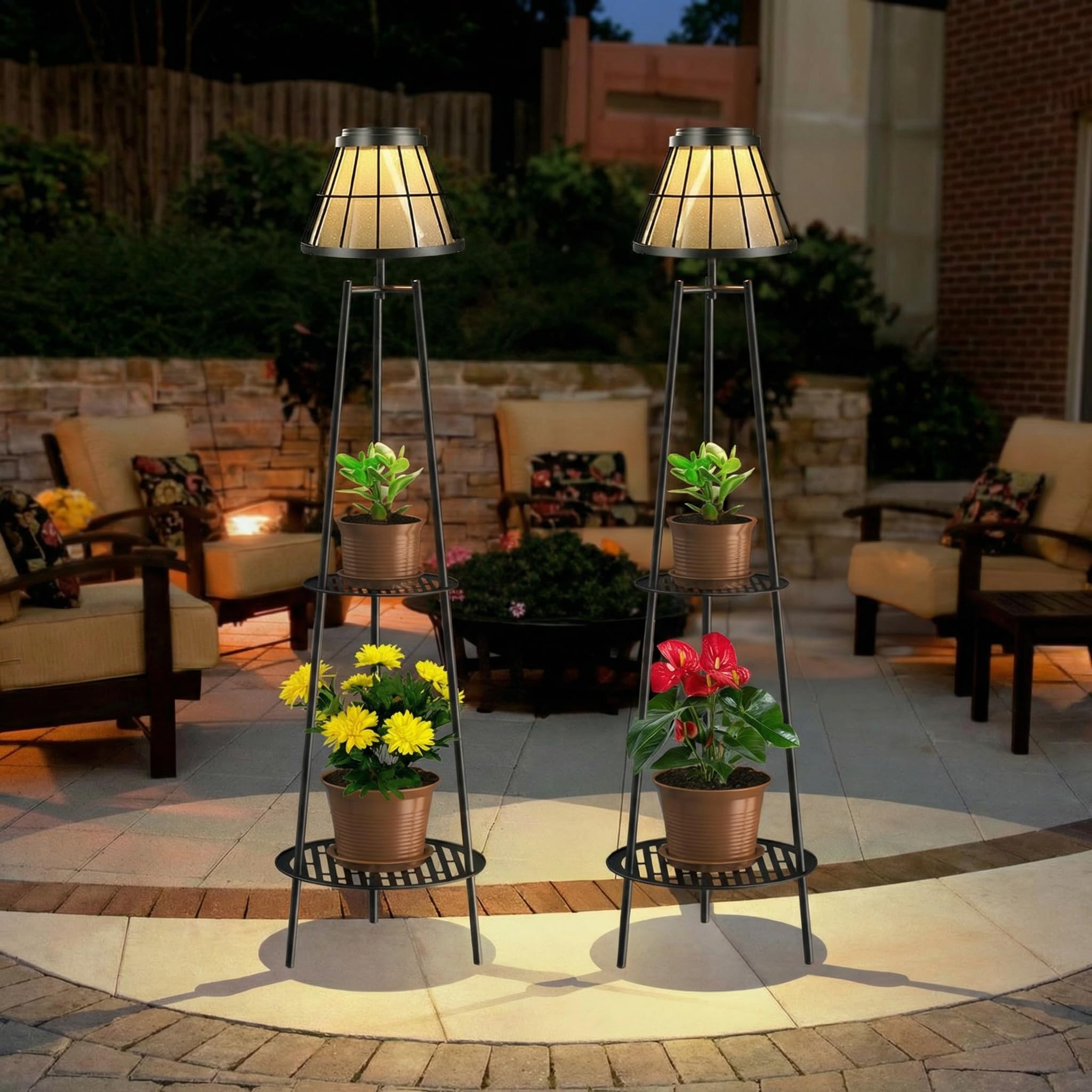 Paquete de 2 lámparas solares de pie de 45.5 pulgadas con soporte para plantas de 2 niveles, luces solares de metal impermeable para exteriores, estante de flores para patio, terraza, jardín, porche,