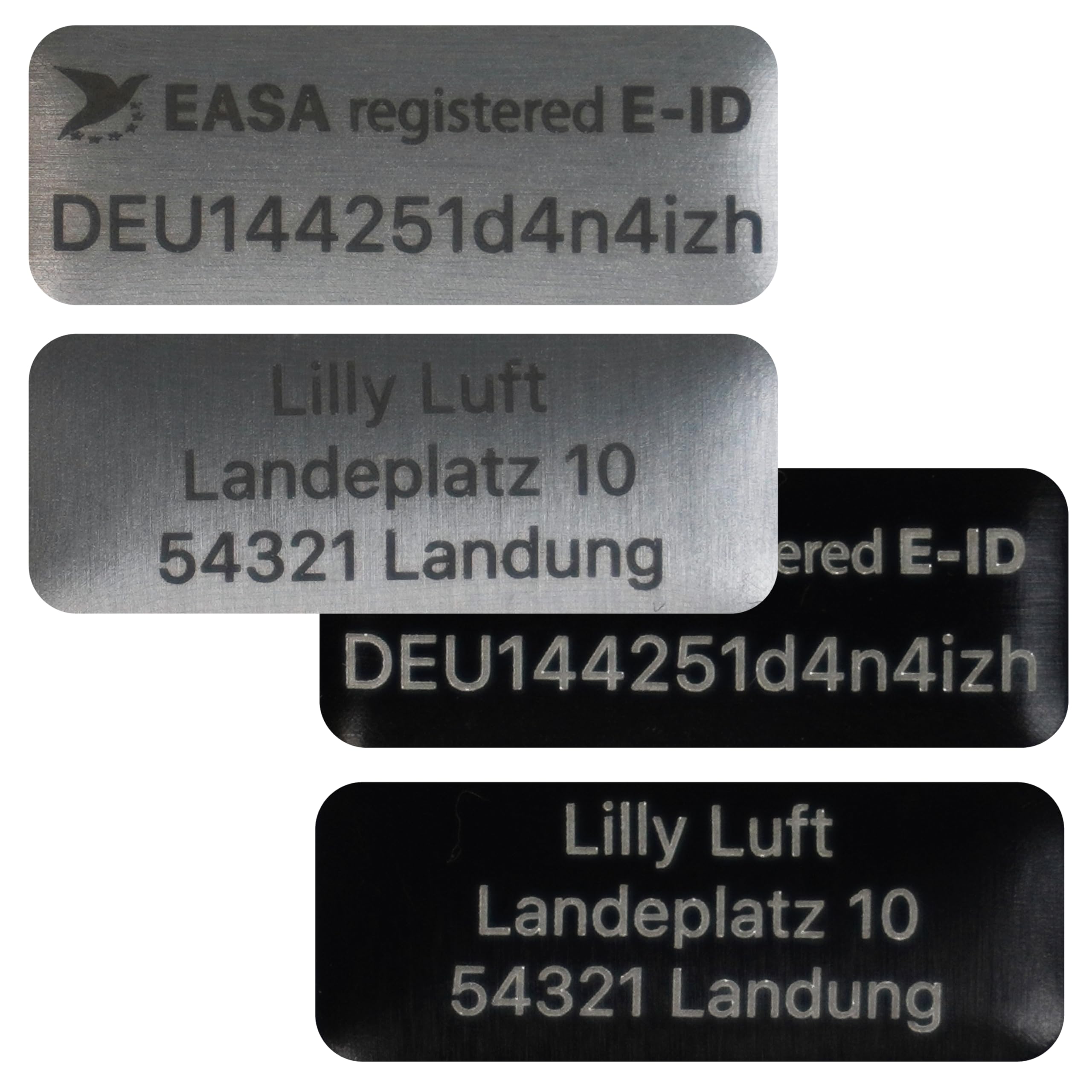 Flying-Drone – Juego de 2 placas identificativa para drones de 20 x 8 mm para DJI Neo y otros modelos | negro o plata | E-ID + dirección individual grabada | placas de aluminio