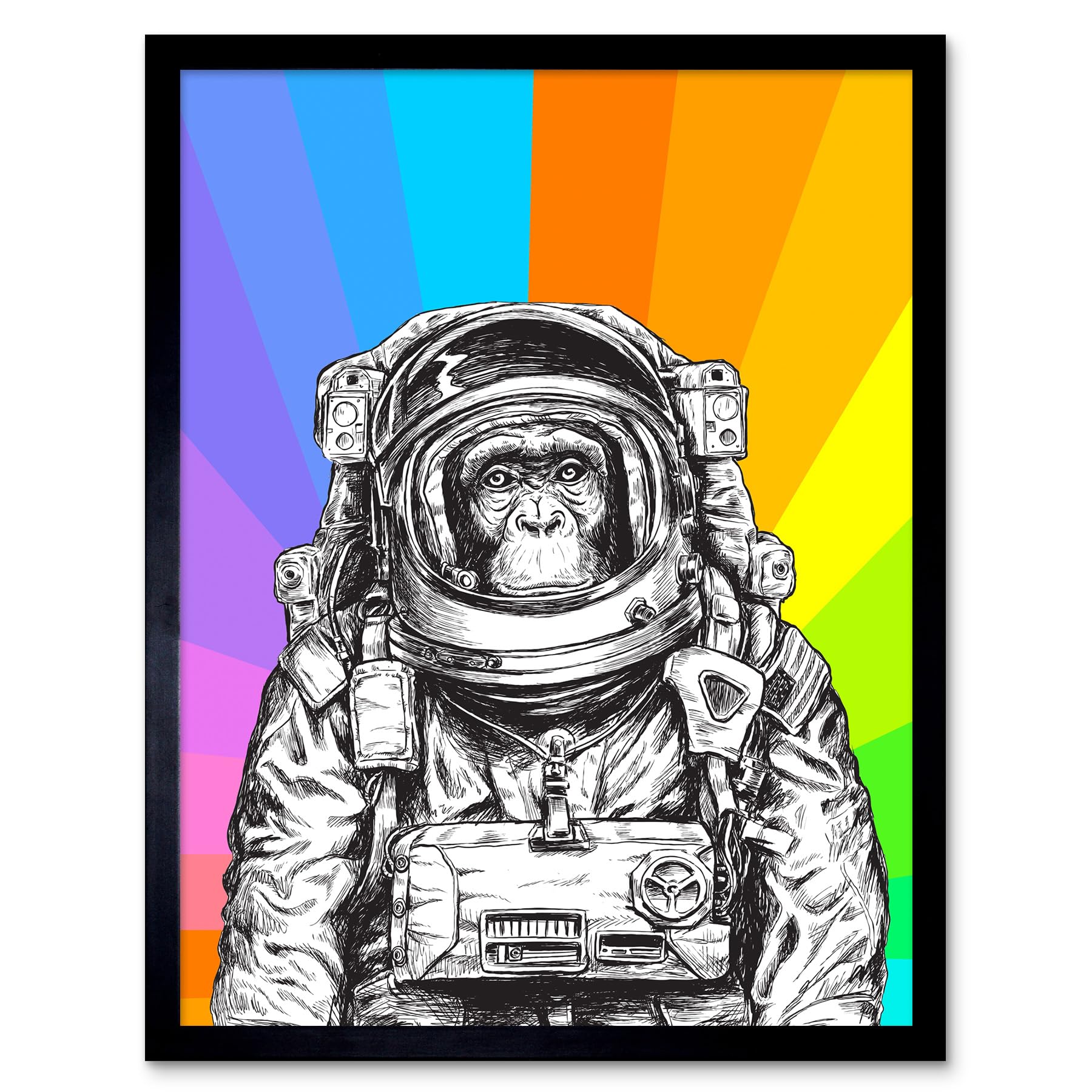 Artery8 Monkey Ape Astronaut Illustration Colour Sunshine Art Print Framed Poster Wall Decor 12x16 inch