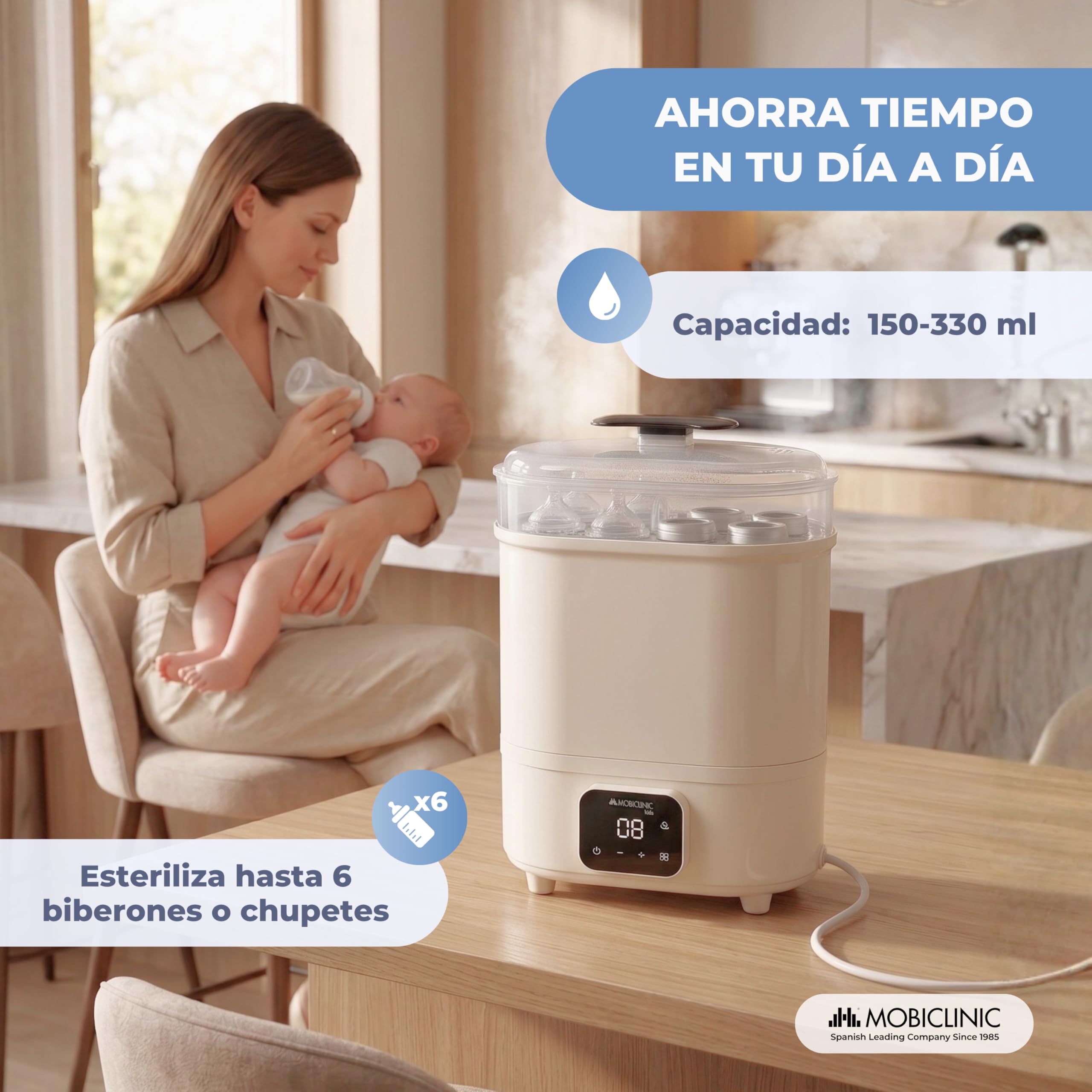 Mobiclinic®, Esterilizador de Biberones, 4 en 1, Hasta 6 Biberones, Seca, Mantiene la Temperatura, Modo Automático, Chupetes y Sacaleches, Pantalla LCD, Compacto, Mobibi