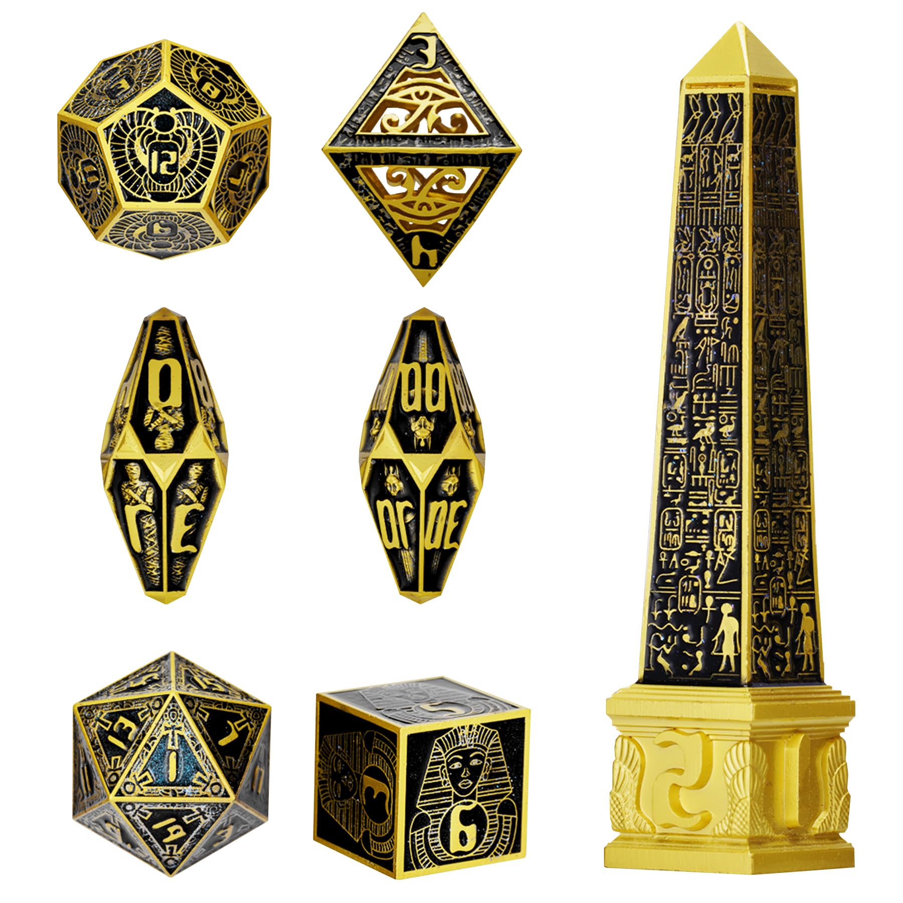 Neteru Dice Set - Egyptian Gods-Themed Metal DND Dice Set 7-Piece Polyhedral RPG Dice for Dungeons and Dragons, Collector's Gift D20 D12 D10 D00 D8 D6 D4 (Golden)