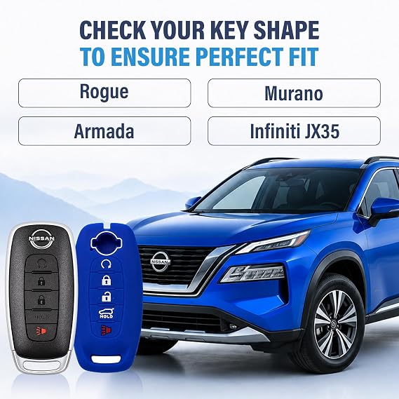 Autobase Silicone Key Fob Cover for 2023 2024 2025 Nissan Rogue Pathfinder Sentra | Rubber Remote Key Fob Protector Case with 5 Buttons - Black and Blue - 2 Pcs