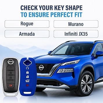 Autobase Silicone Key Fob Cover for 2023 2024 2025 Nissan Rogue Pathfinder Sentra | Rubber Remote Key Fob Protector Case with 5 Buttons - Black and Blue - 2 Pcs