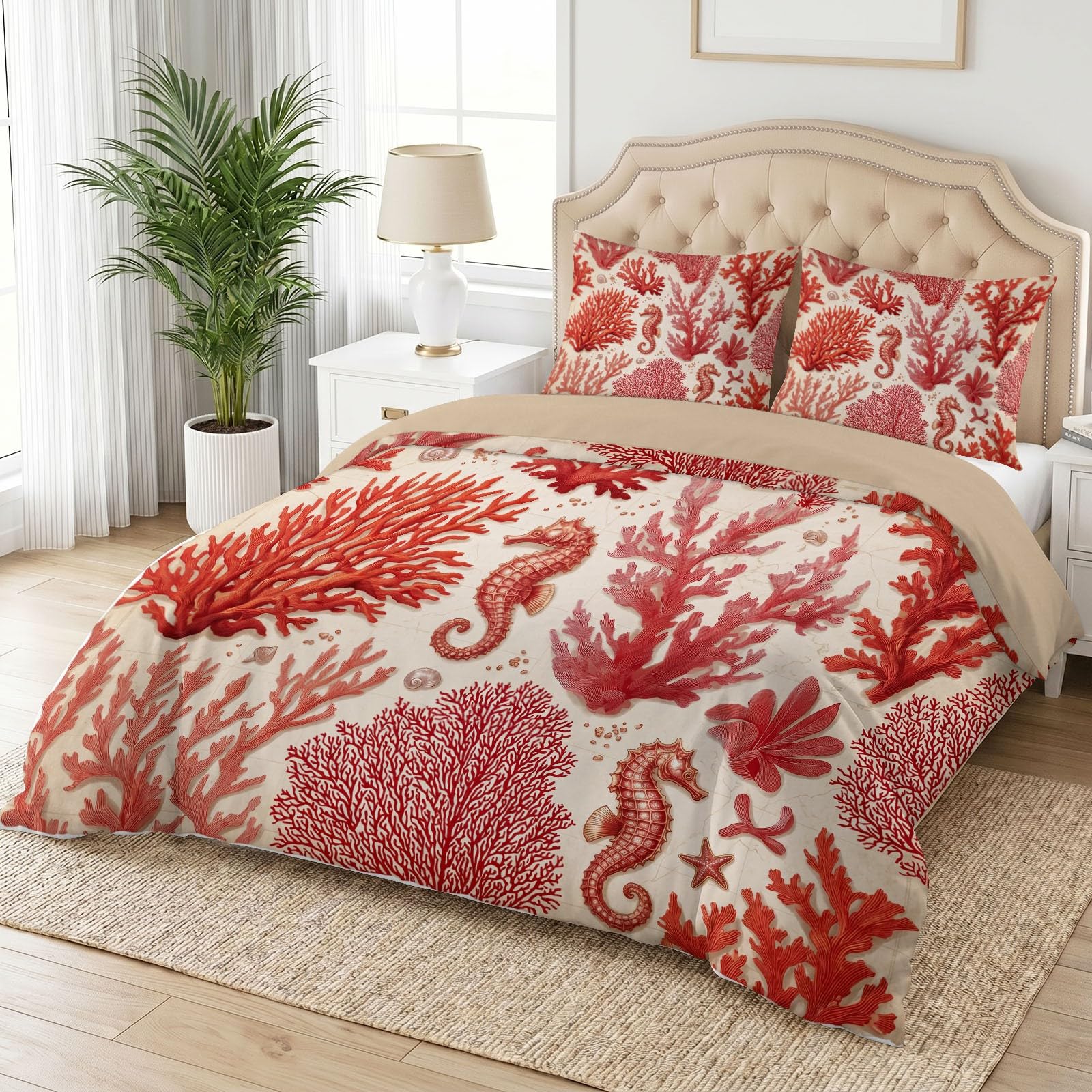 Generisch Sommer-Bettwäsche 155 x 220 cmBeige, Animal PlantSeahorse CoralBettbezug, Bügelfrei & Atmungsaktiv, Waschbare Weich Mikrofaser Bettdeckenbezug für Kinder, Jungen und Mädchen & Jugendliche