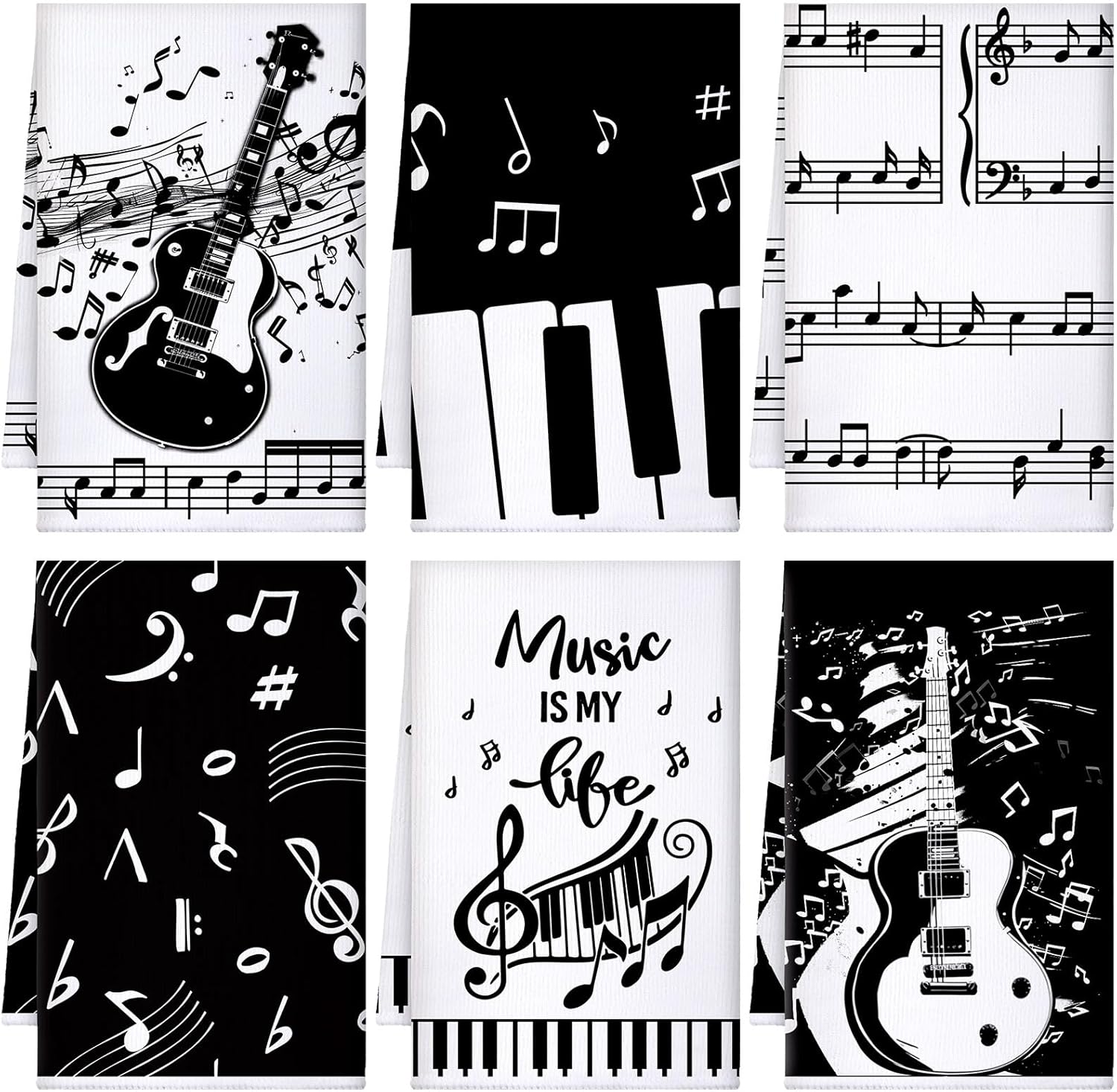 Sunnyray 6 Pcs Kitchen Towels Dish Cloths Nature Modern Absorbent Hand Tea Wash Cloth with Hanging Loop for Bathroom Home Farmhouse Kitchen Gifts (Unique Black White,Music Notes)