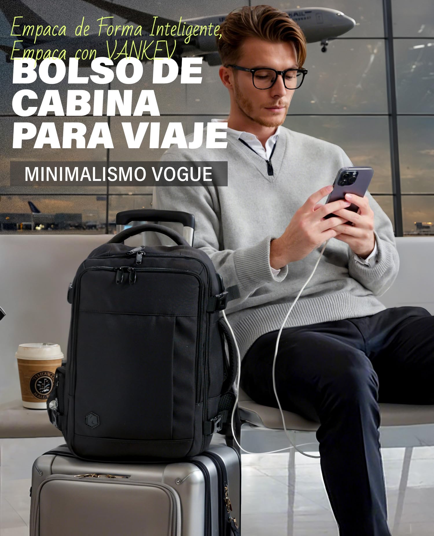 VANKEV Mochila Viaje Cabina Avion 40x30x20 24L Equipaje Mano Bolso Portatil 15.6 Pulgadas NEGRO