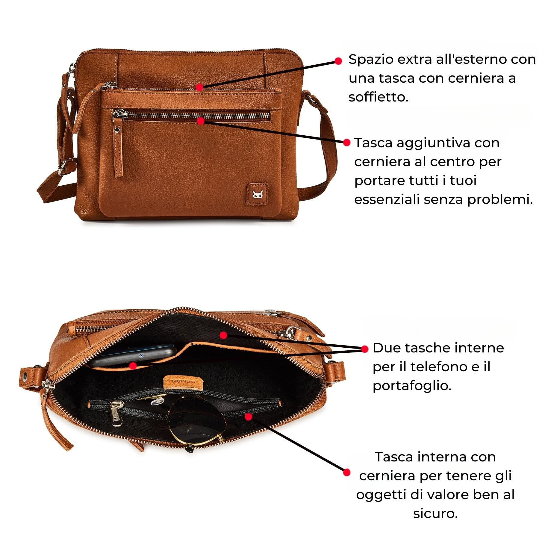 Wise Owl Accessories Borsa tracolla in vera pelle martellata, modello compatto unisex con tasche cerniera, ideale per viaggi, uso quotidiano e organizzazione